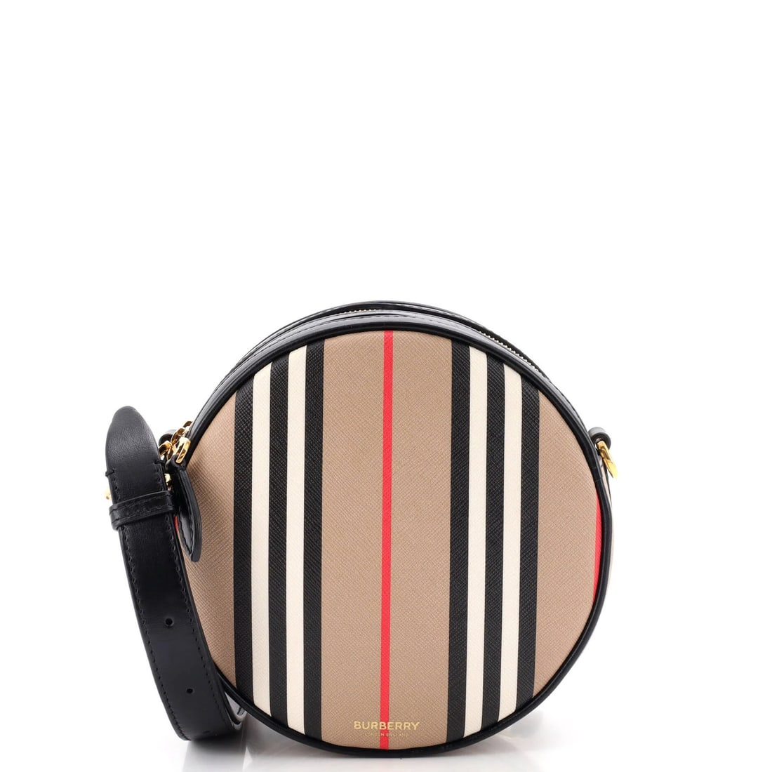 Round Bag Canvas Icon Stripe E Burberry Louise: Round Bag Canvas Icon Stripe E Burberry Louise Brown canvas belt bag with gold hardware, featuring a round design and iconic stripe pattern. Measuring approximately 7" in height and 6.5" in width,