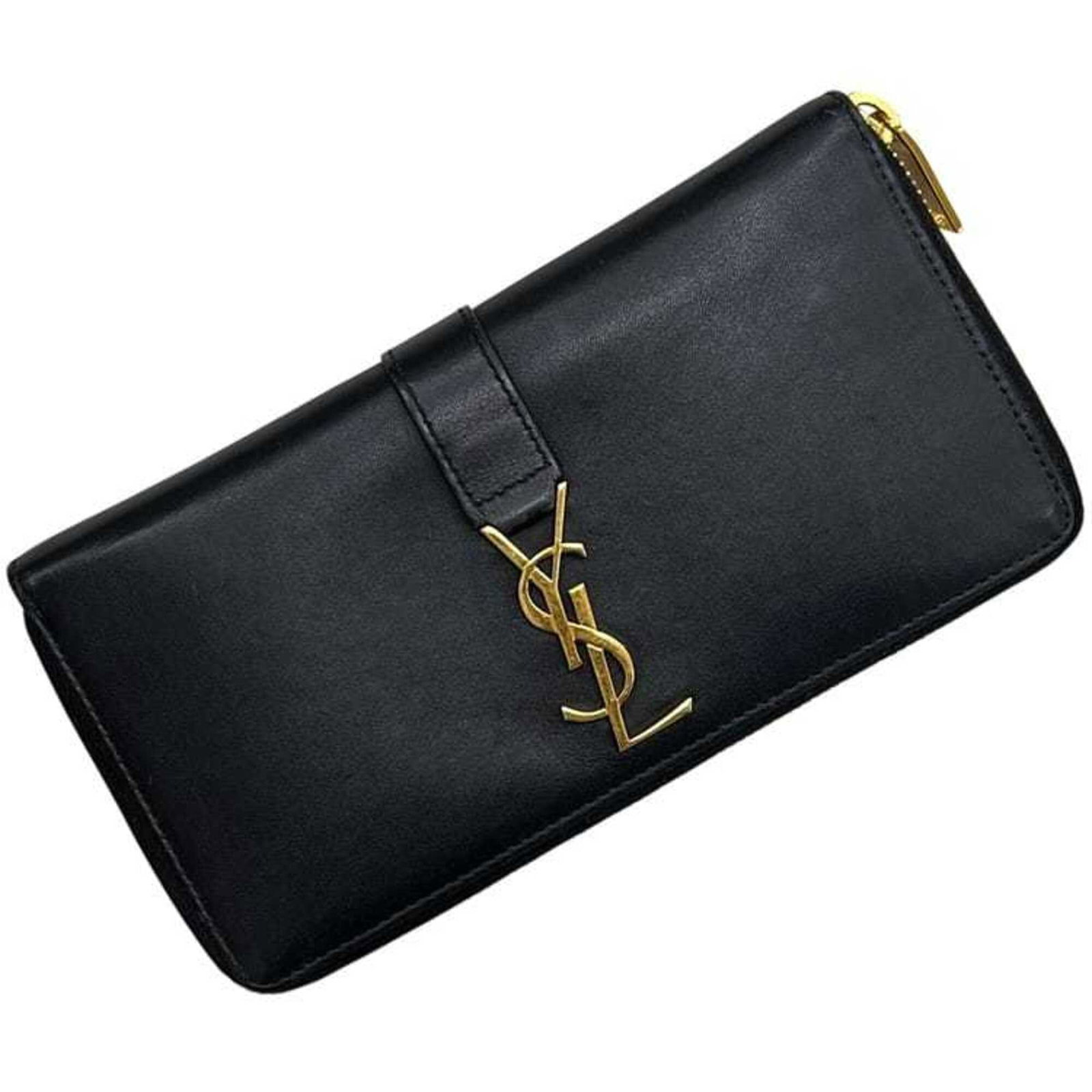 Saint Laurent Wallet Long Bi Fold Leather: Saint Laurent Wallet Long Bi Fold Leather Black leather long bi-fold wallet from Saint Laurent, measuring 10cm x 19cm x 2.5cm. This sleek and stylish wallet features a classic design with clean lines