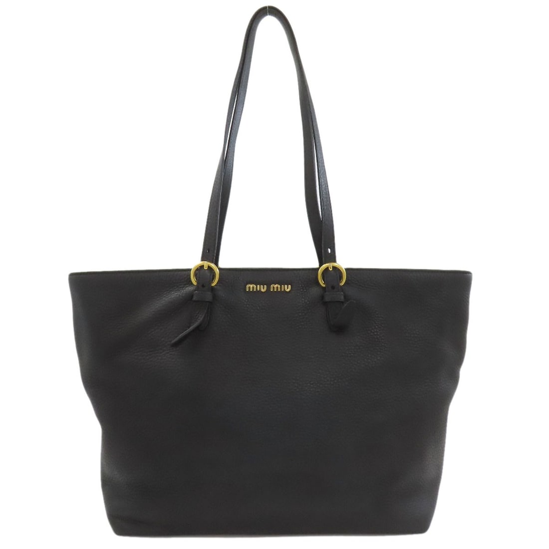 Logo tote bag leather: Logo tote bag leather Black leather tote bag with a classic design, bearing the MIUMIU logo. Made from high-quality leather, this stylish accessory features a simple and elegant aesthetic. The black e