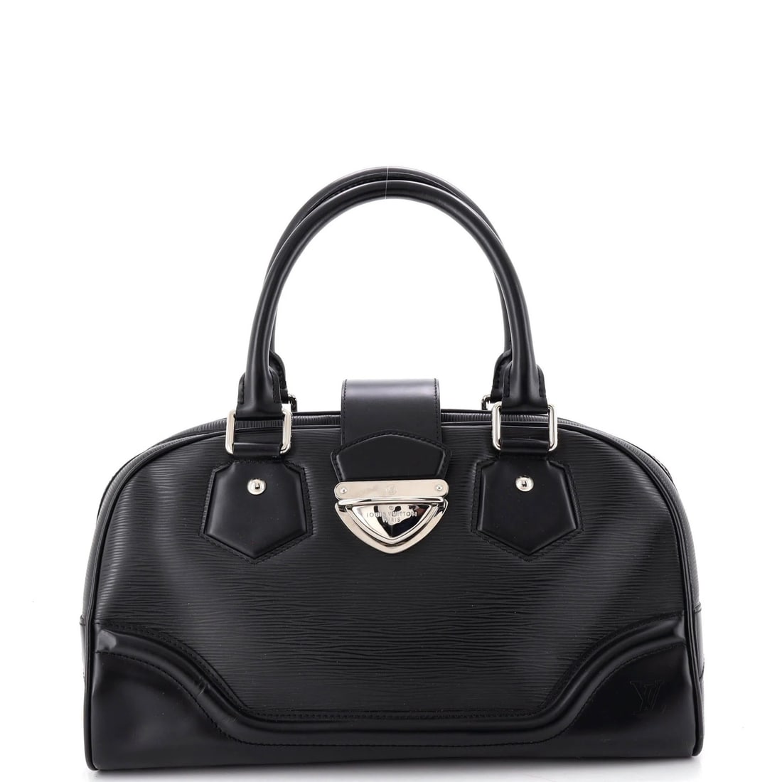 Louis Vuitton Montaigne Bowling Bag Epi Leather GM: Louis Vuitton Montaigne Bowling Bag Epi Leather GM Black Epi Leather Louis Vuitton Montaigne Bowling Bag with Silver Hardware, featuring minor scuffs and creases on the exterior. The bag's interior