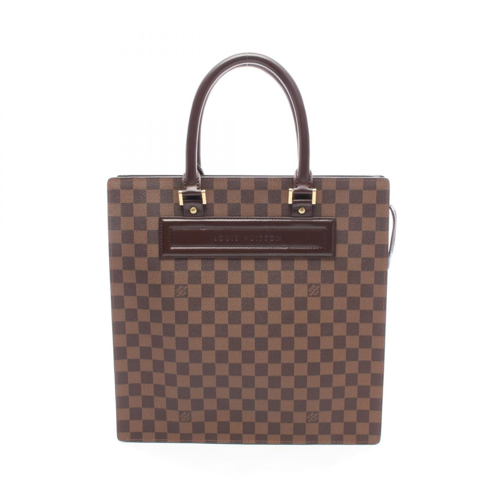 Canvas Damier Leather Tote Bag By Louis Vuitton: Canvas Damier Leather Tote Bag By Louis Vuitton Damier print canvas and leather combine in this classic Louis Vuitton tote bag, featuring the iconic Ebene brown color. The coated canvas material
