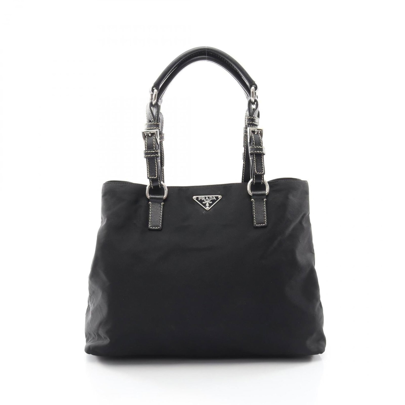 Nylon Leather Prada Handbag Tote: Nylon Leather Prada Handbag Tote Saffiano leather construction provides durability and sophistication to this sleek black Prada tote, featuring a classic design with clean lines and minimal