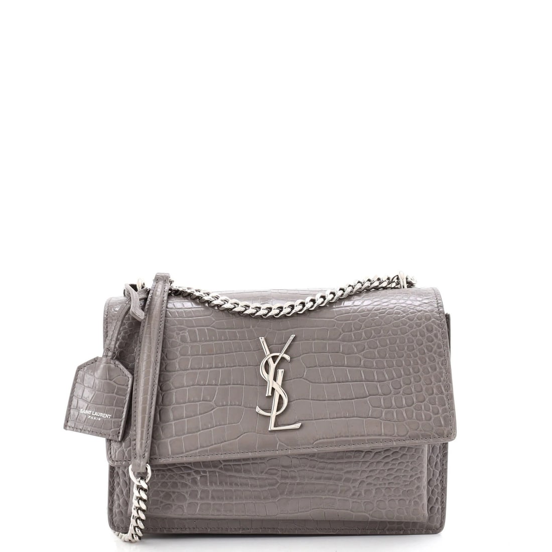 Saint Laurent Crocodile Embossed Leather Bag Crossbody Medium: Saint Laurent Crocodile Embossed Leather Bag Crossbody Medium Gray crocodile embossed leather medium crossbody bag from Saint Laurent, featuring a sleek design with minor scuffs and creases. The