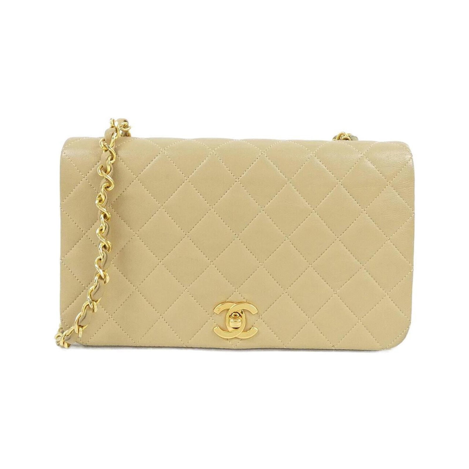 Shoulder Bag Leather Chanel: Shoulder Bag Leather Chanel This elegant shoulder bag features rich, high-quality lambskin leather in a classic beige color. Measuring just 14cm x 23.5cm x 6.5cm, it offers a compact and stylish
