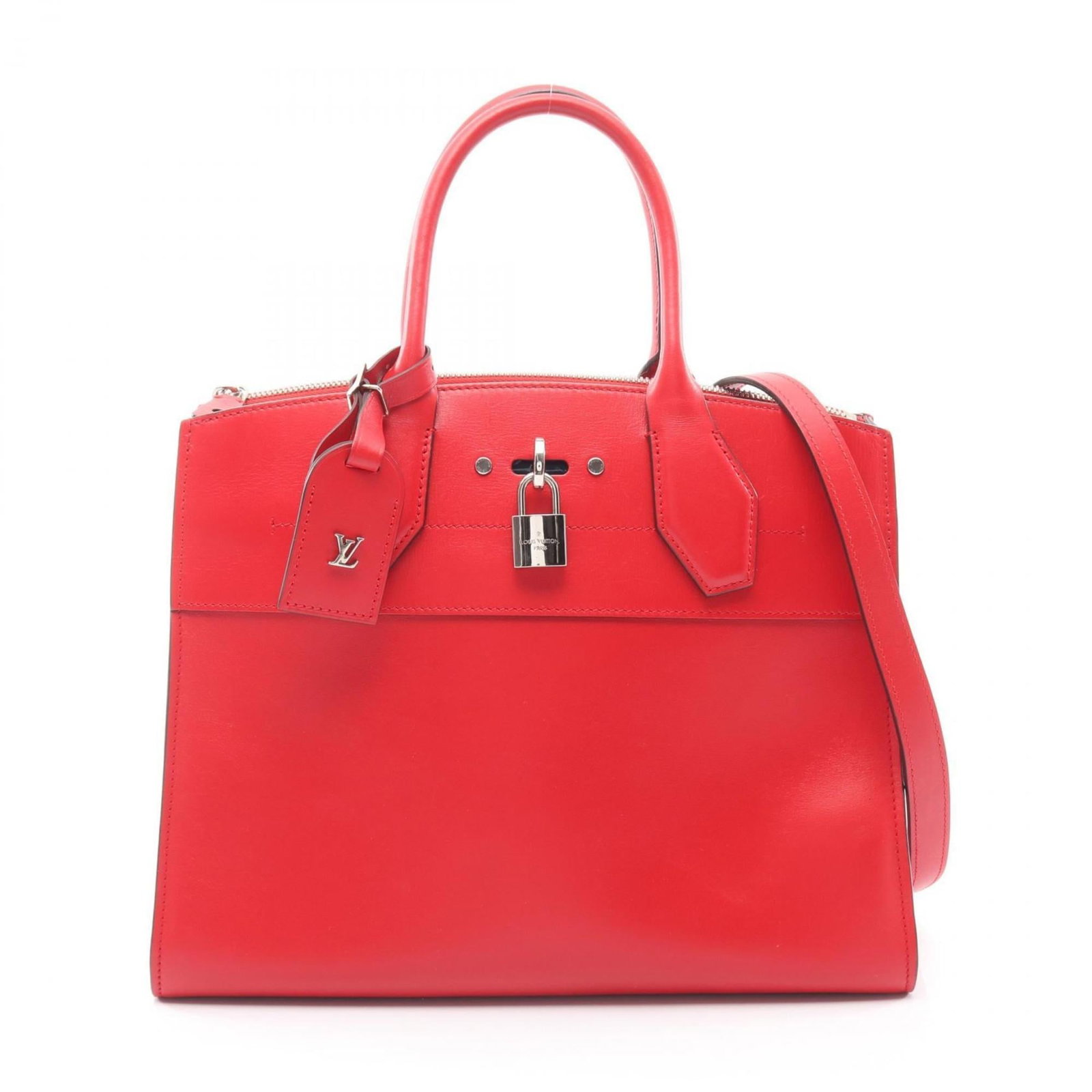 Louis Vuitton Handbag Leather: Louis Vuitton Handbag Leather This Louis Vuitton handbag features a striking red leather color and comes with a range of accessories, including a key, name tag, padlock, and shoulder strap. The bag