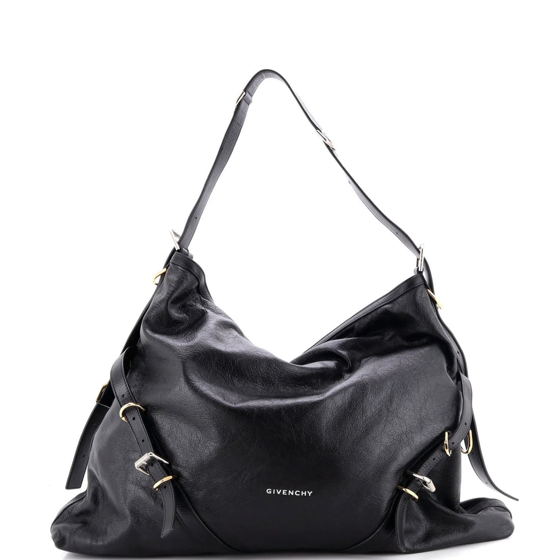 Voyou Hobo Leather Large Givenchy: Voyou Hobo Leather Large Givenchy Black leather hobo bag from Voyou, featuring a large size and gold tone hardware. The exterior showcases minor creases, while the interior has scuffs. This excellent