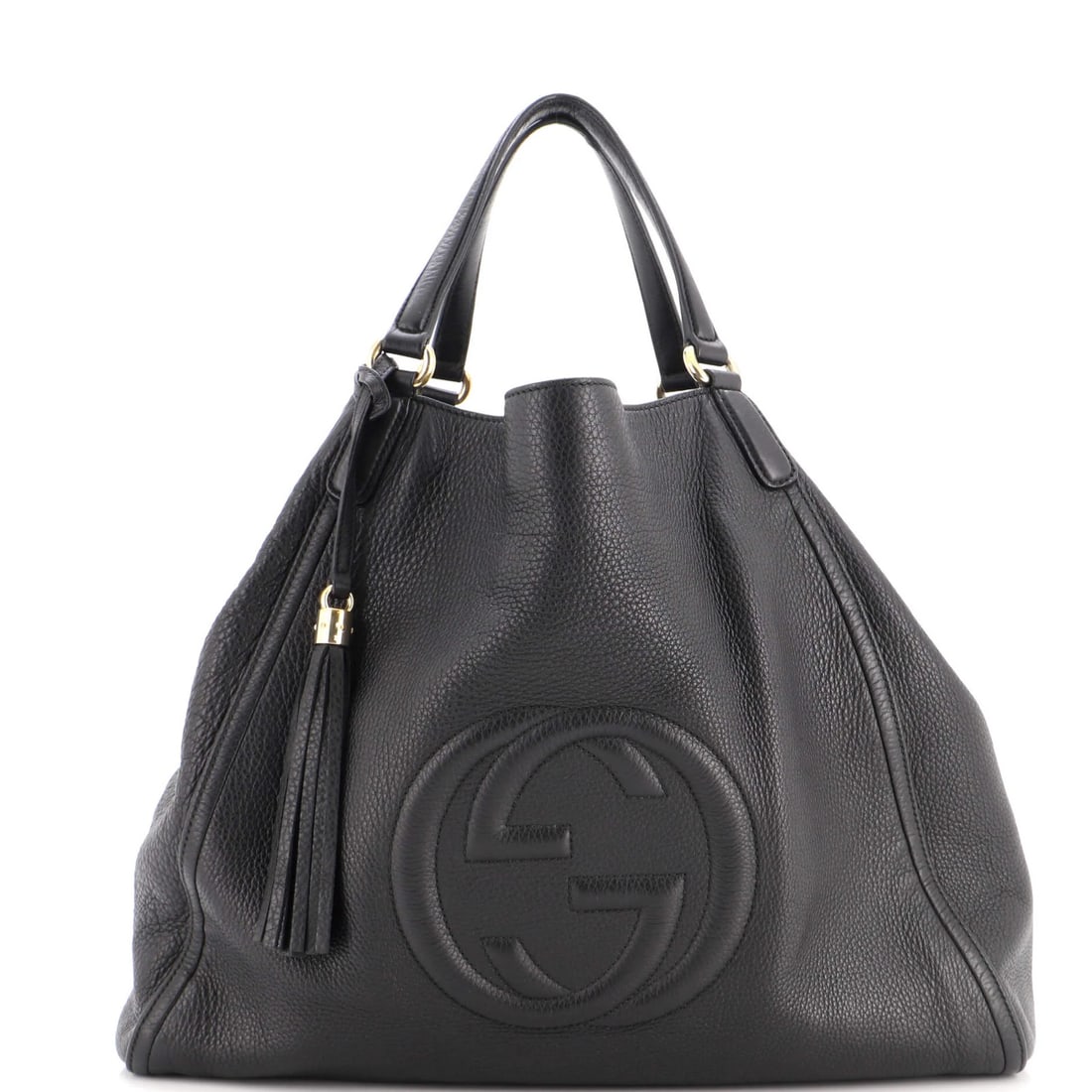 Shoulder Bag Soho Leather Gucci Large: Shoulder Bag Soho Leather Gucci Large Black Soho Leather Large Shoulder Bag from Gucci, featuring exterior scuffs, creases, and edge wear, with repainted areas. This large shoulder bag measures 15" hi