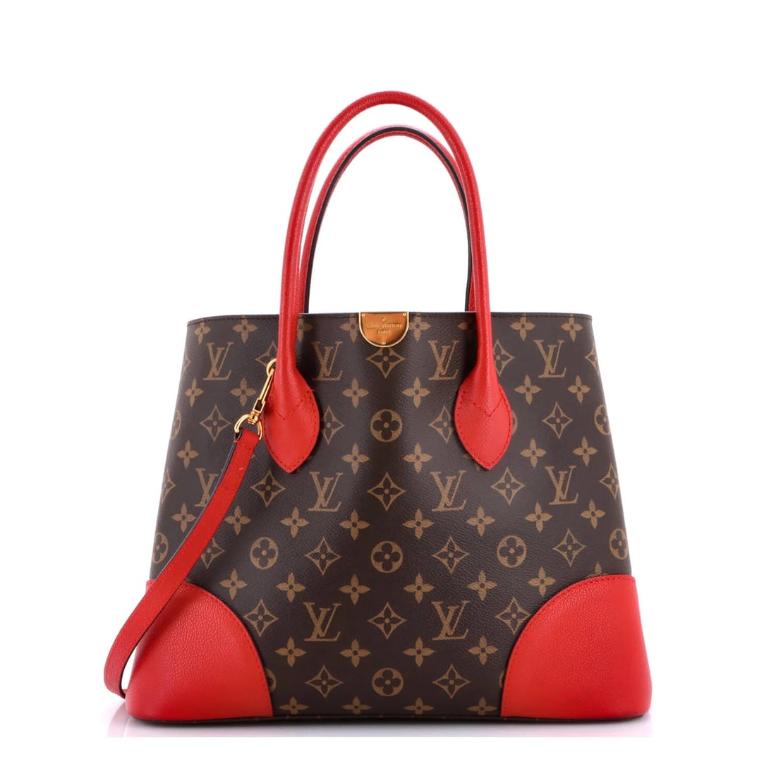 Monogram Canvas Leather Louis Flandrin Vuitton Handbag: Monogram Canvas Leather Louis Flandrin Vuitton Handbag Red Monogram Canvas and Leather Louis Flandrin Vuitton Handbag with minor scuffs, creases, and cracking on the exterior. This excellent-condition
