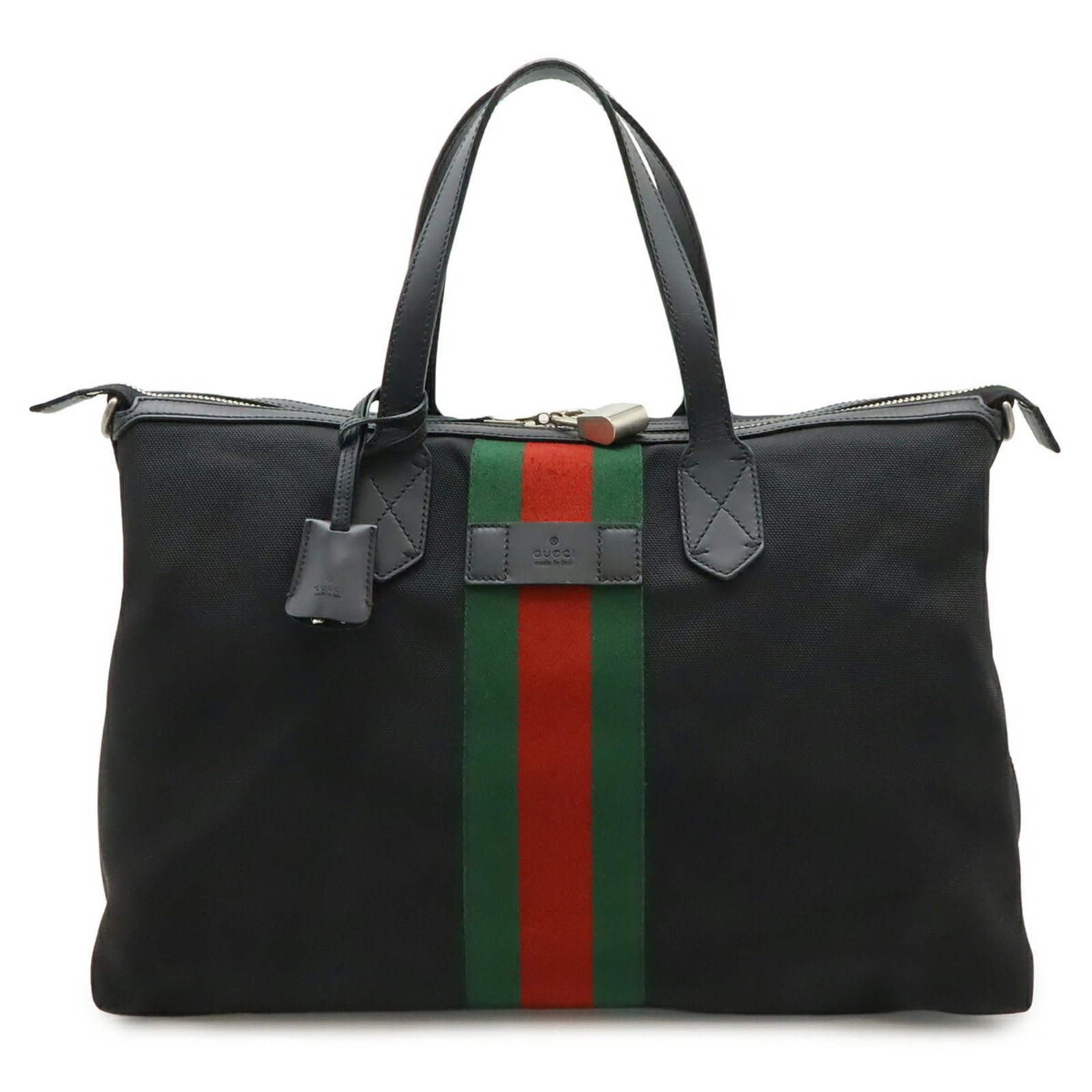 Shoulder bag tote nylon canvas leather bag gucci: Shoulder bag tote nylon canvas leather bag gucci Nylon canvas and leather construction combines durability with style in this black, green, and red Gucci shoulder bag tote. Measuring 29cm x 43cm x