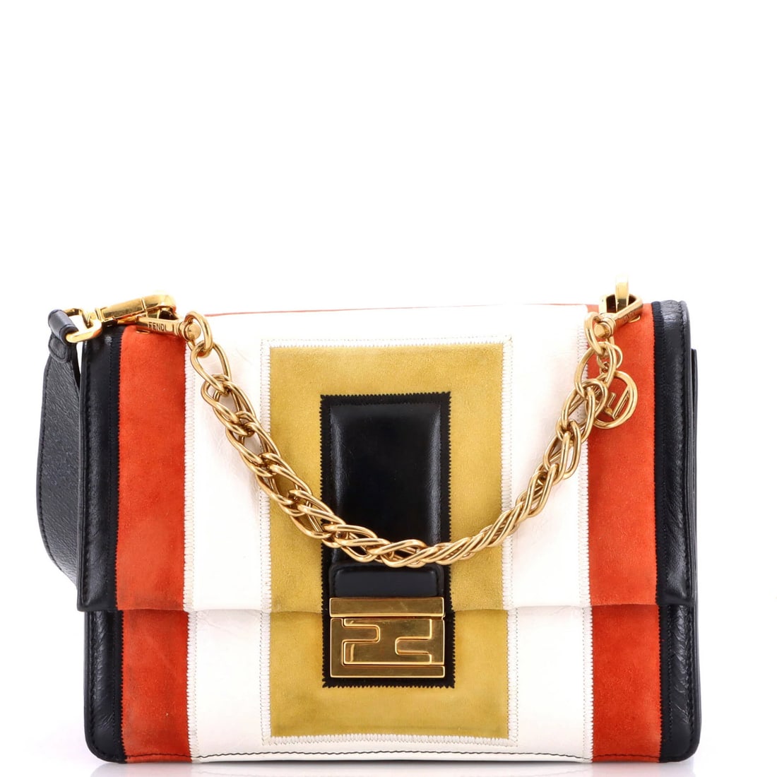 Fendi Kan U Medium Leather Shoulder Bag: Fendi Kan U Medium Leather Shoulder Bag The Fendi Kan U Medium Leather Shoulder Bag boasts a vibrant multicolor exterior, complemented by rich suede interior and aged gold hardware. Measuring 7" tall