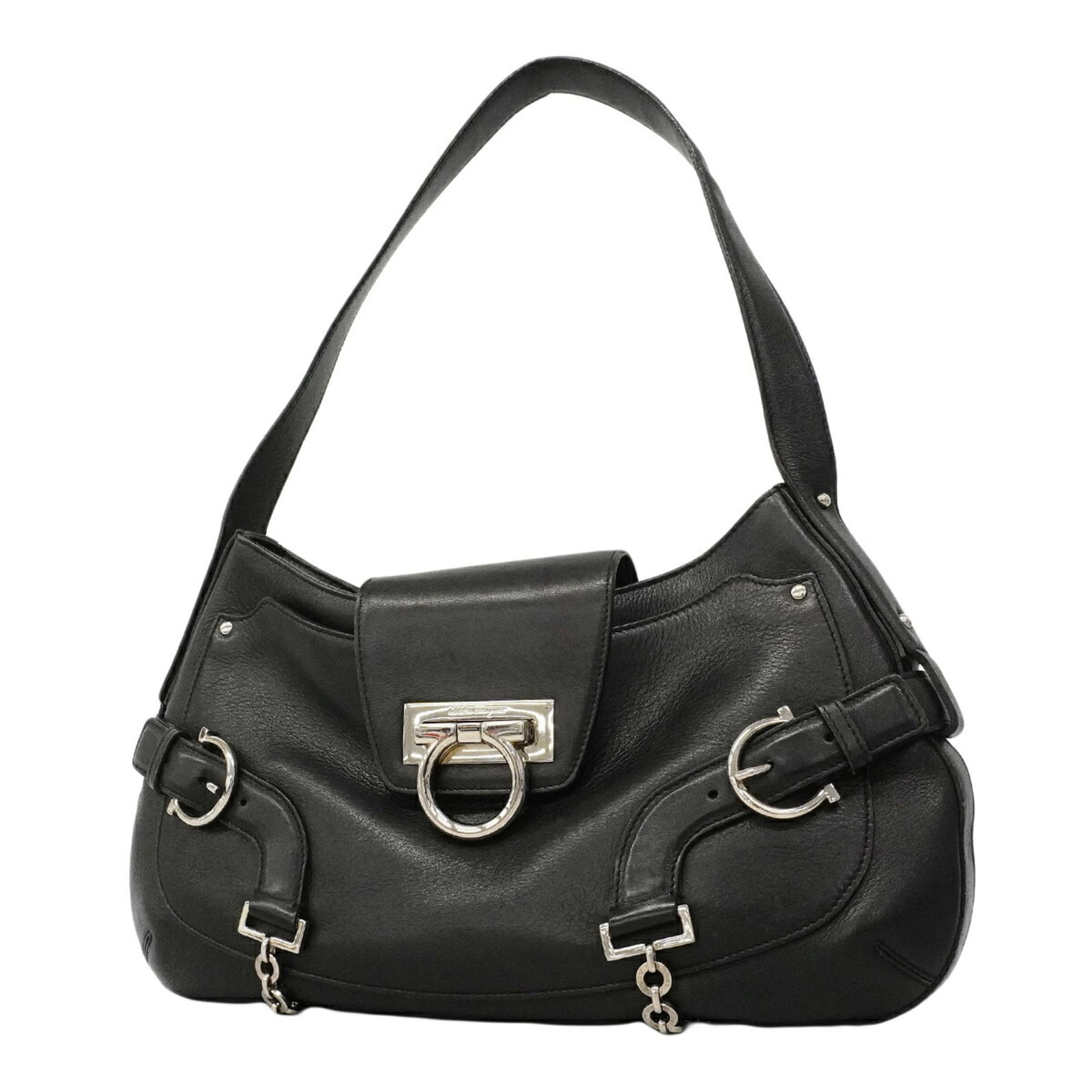 Shoulder bag leather by Salvatore Ferragamo: Shoulder bag leather by Salvatore Ferragamo Black leather shoulder bag by Salvatore Ferragamo, featuring silver hardware and a sleek design. Measuring 20cm x 33.5cm x 4cm, this stylish accessory is