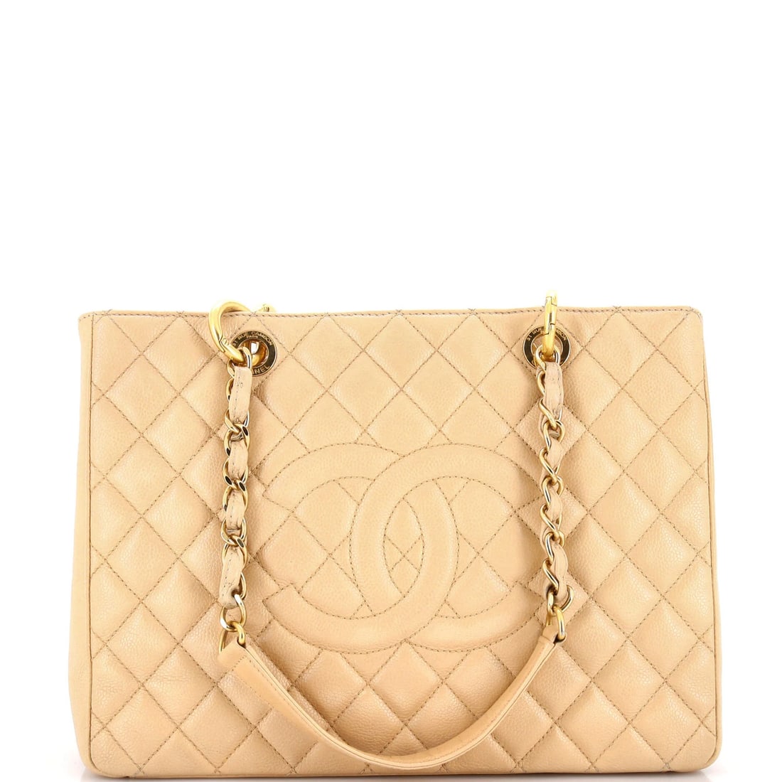 Caviar Quilted Shopping Tote Chanel: Caviar Quilted Shopping Tote Chanel This Chanel Grand Shopping Tote Quilted Caviar features a neutral exterior with quilted leather, adorned with aged gold hardware. Measuring 9" in handle drop and 13