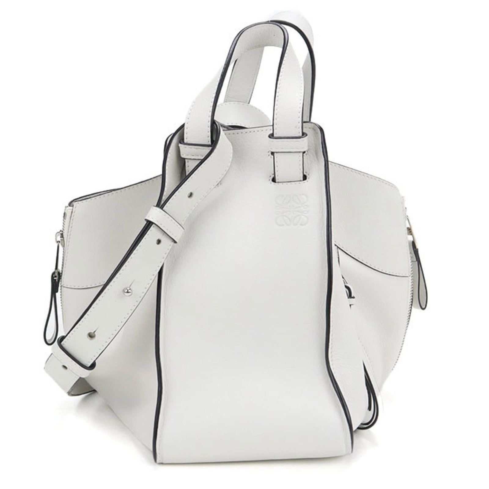 Loewe Handbag Leather: Loewe Handbag Leather White Loewe Handbag features calfskin leather and silver hardware, measuring 23cm x 13.5cm x 27cm. The bag's design showcases a classic style with clean lines and minimal ornamen