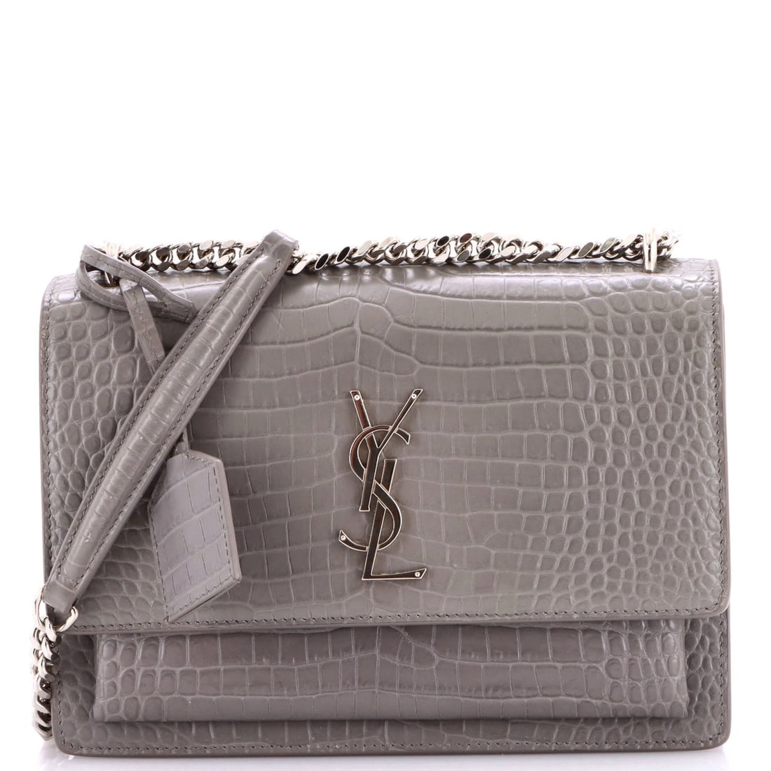 Saint Laurent Crocodile Embossed Leather Bag Crossbody Medium: Saint Laurent Crocodile Embossed Leather Bag Crossbody Medium Gray crocodile embossed leather medium crossbody bag from Saint Laurent, featuring a sleek design with minor scuffs and creases. The