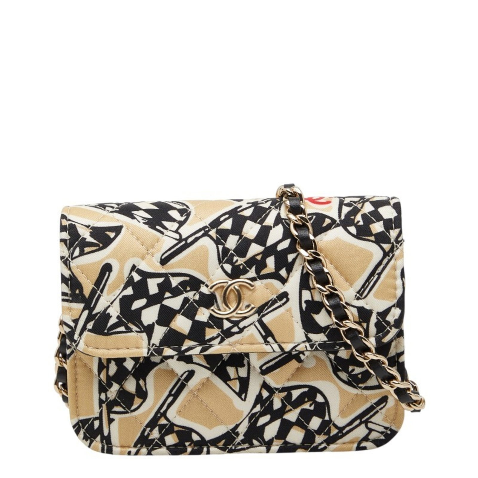 Cotton leather shoulder bag by Chanel: Cotton leather shoulder bag by Chanel Cotton leather shoulder bag by Chanel, featuring a unique blend of materials in beige and black hues. This compact bag measures 9cm x 12.5cm x 3.5cm, making it a 