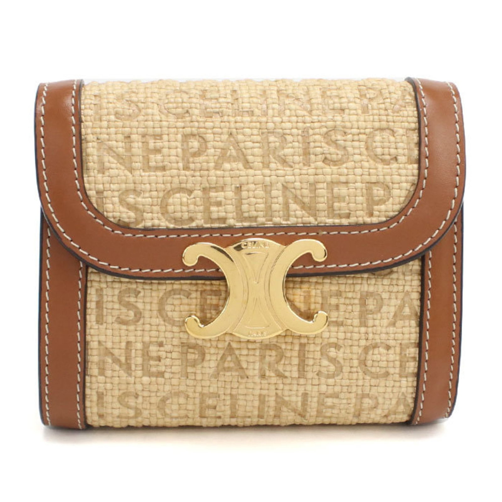 Wallet Celine (Leather Raffia Tri-fold): Wallet Celine (Leather Raffia Tri-fold) Tri-fold wallet in beige leather and raffia, measuring 9cm x 10.5cm x 3cm from Italy. This Celine design features a classic tri-fold layout, perfect for everyda