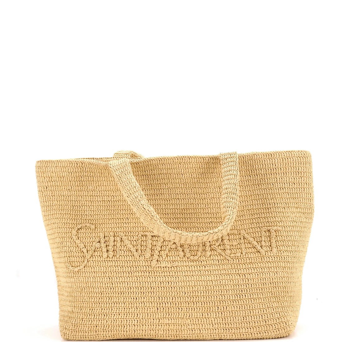 Supple tote raffia logo embroidered saint laurent: Supple tote raffia logo embroidered saint laurent Supple raffia exterior and leather interior make up the Saint Laurent tote, adorned with a logo embroidered in neutral tones. The bag's neutral color