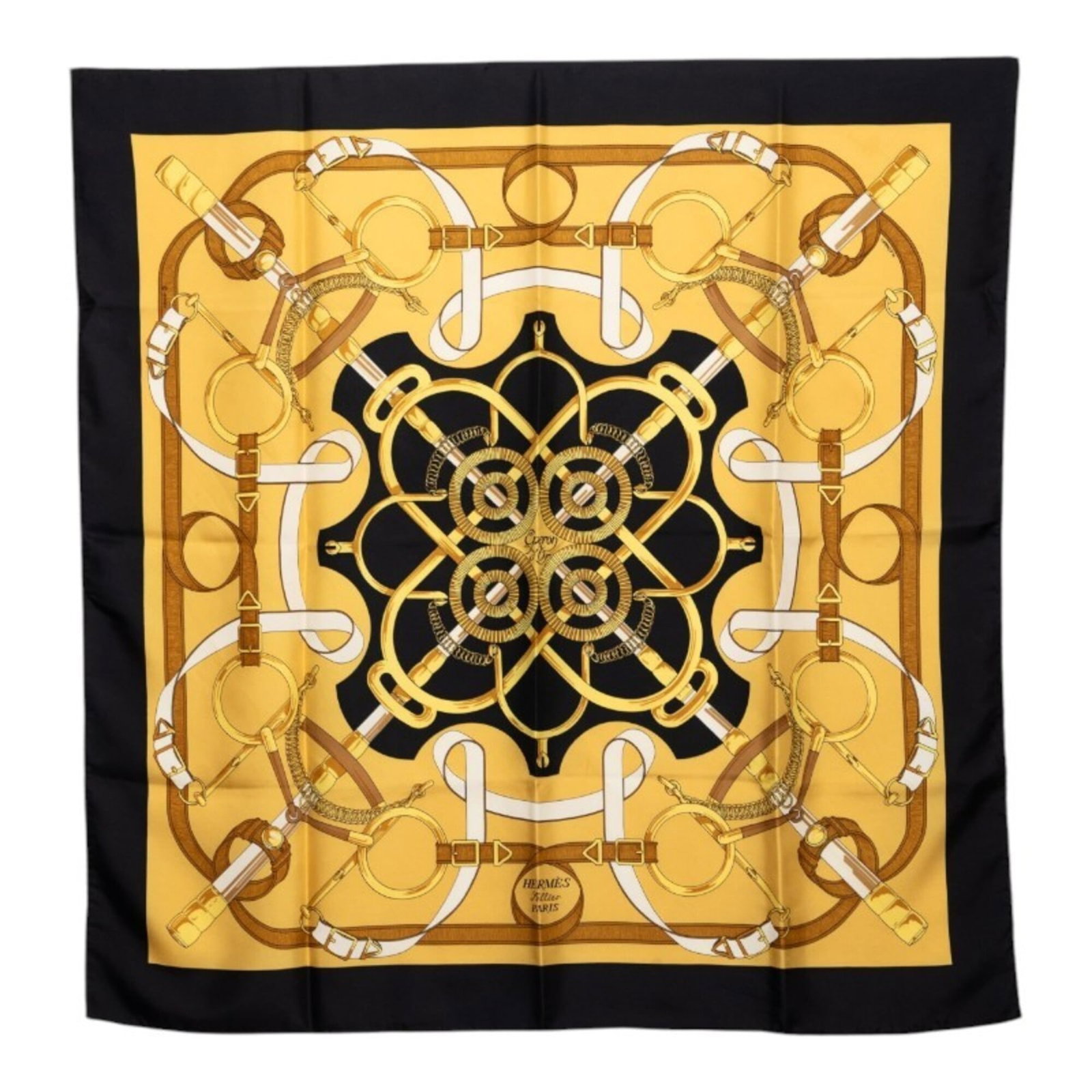 Hermes Silk Scarf: Hermes Silk Scarf Silk from the renowned French house, this black and yellow Herm?s scarf boasts elegant simplicity. Made from high-quality silk, its compact size makes it a versatile accessory for ev