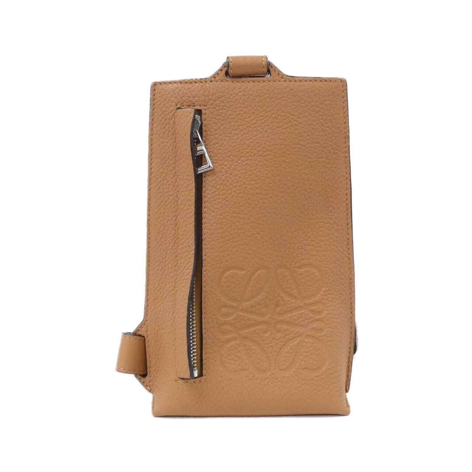 Leather shoulder bag by Loewe: Leather shoulder bag by Loewe The Loewe shoulder bag features high-quality calfskin leather in a rich brown color, complemented by silver hardware. With its sleek design and compact size, this