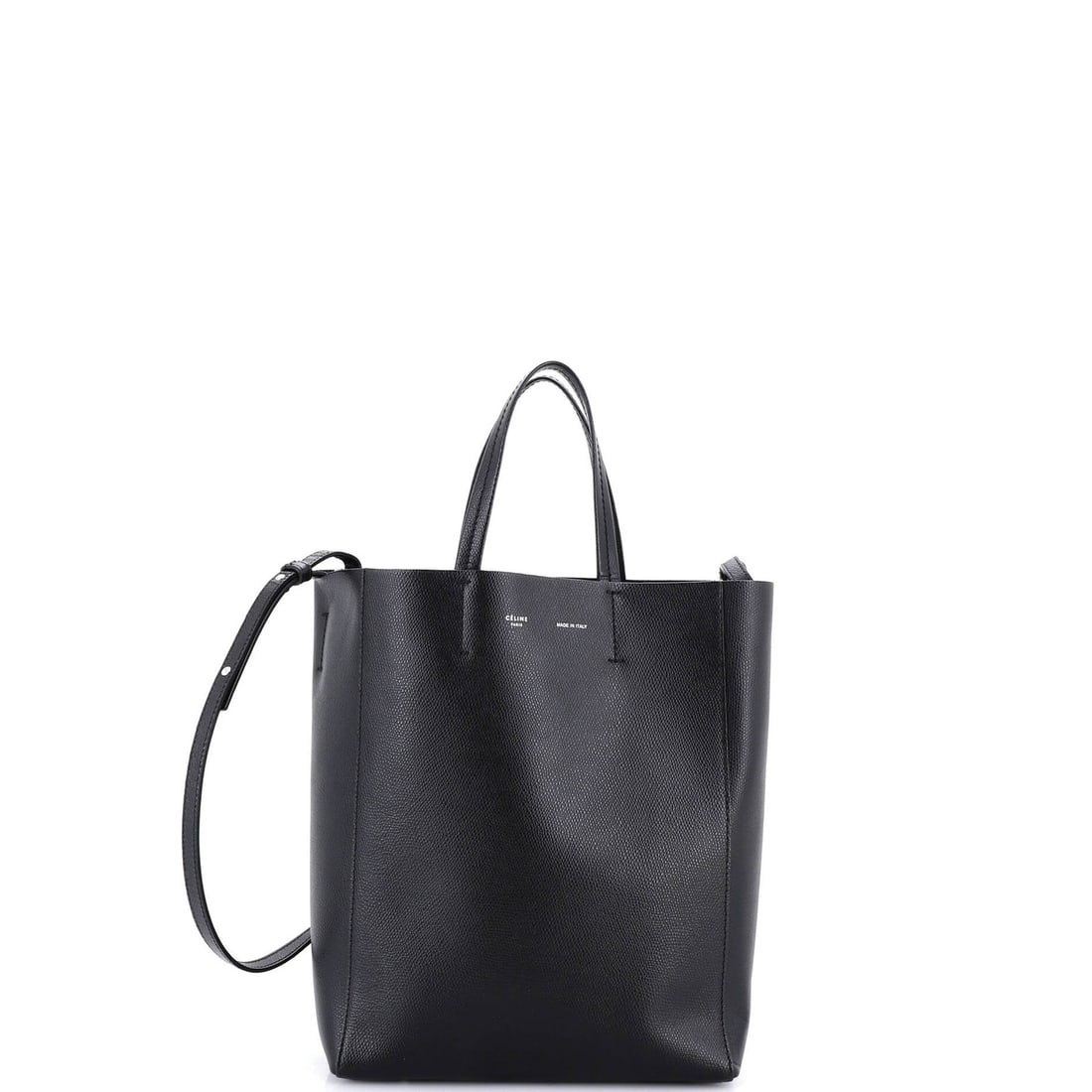 Calfskin tote small vertical cabas grained Celine: Calfskin tote small vertical cabas grained Celine Small Vertical Cabas Grained Calfskin Tote in Black from Celine. This small vertical cabas tote features grained calfskin exterior with black suede