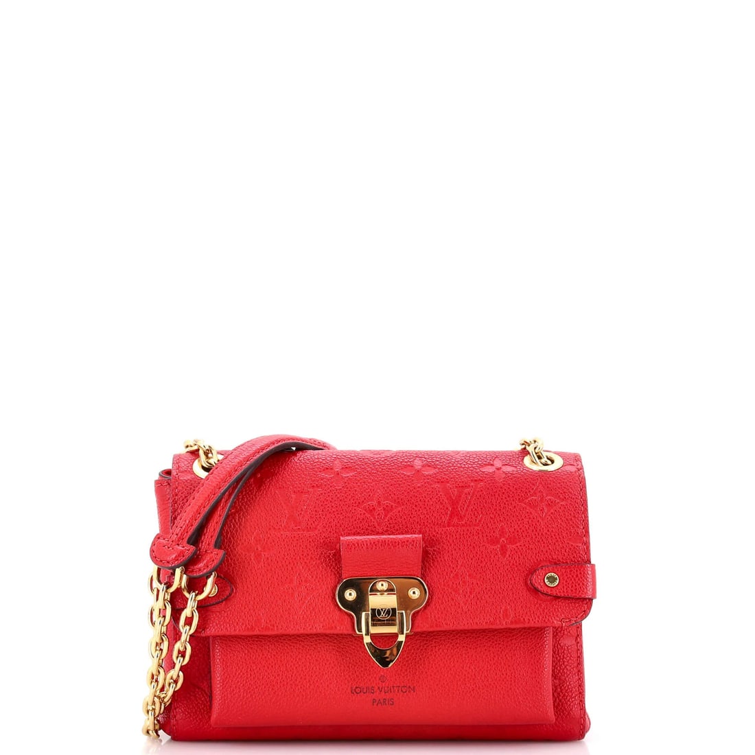 Vavin Handbag Leather Empreinte Monogram Louis Vuitton: Vavin Handbag Leather Empreinte Monogram Louis Vuitton Vavin Handbag Leather Empreinte Monogram Louis Vuitton features a striking red exterior with scuffs, edge wear, corner wear, and minor creases.