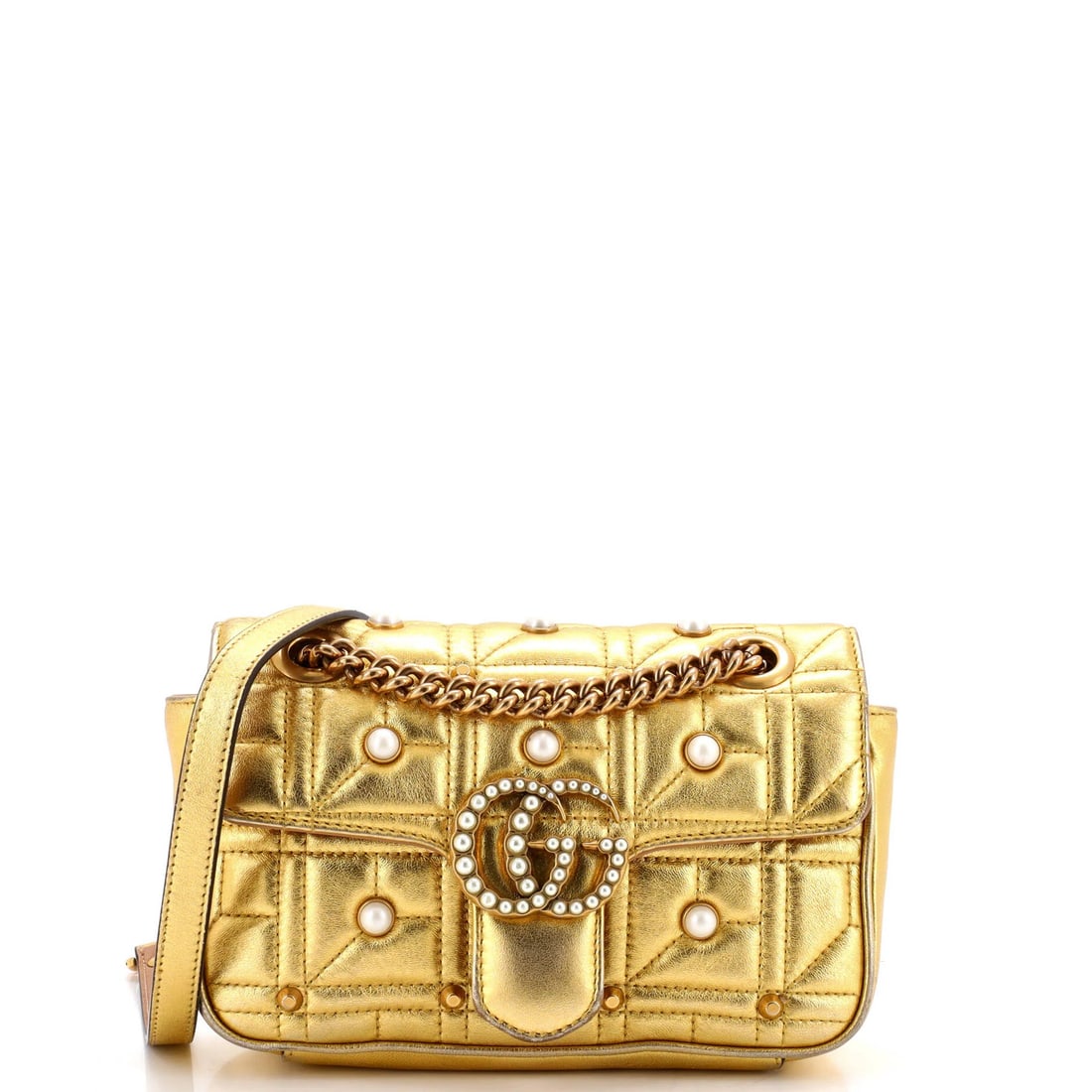 Gucci GG Marmont Flap Bag Embellished with Matelasse Leather Mini: Gucci GG Marmont Flap Bag Embellished with Matelasse Leather Mini Gold Matelasse Leather Mini Gucci GG Marmont Flap Bag Embellished with Pearly Details. This mini bag features the iconic Gucci GG Marm