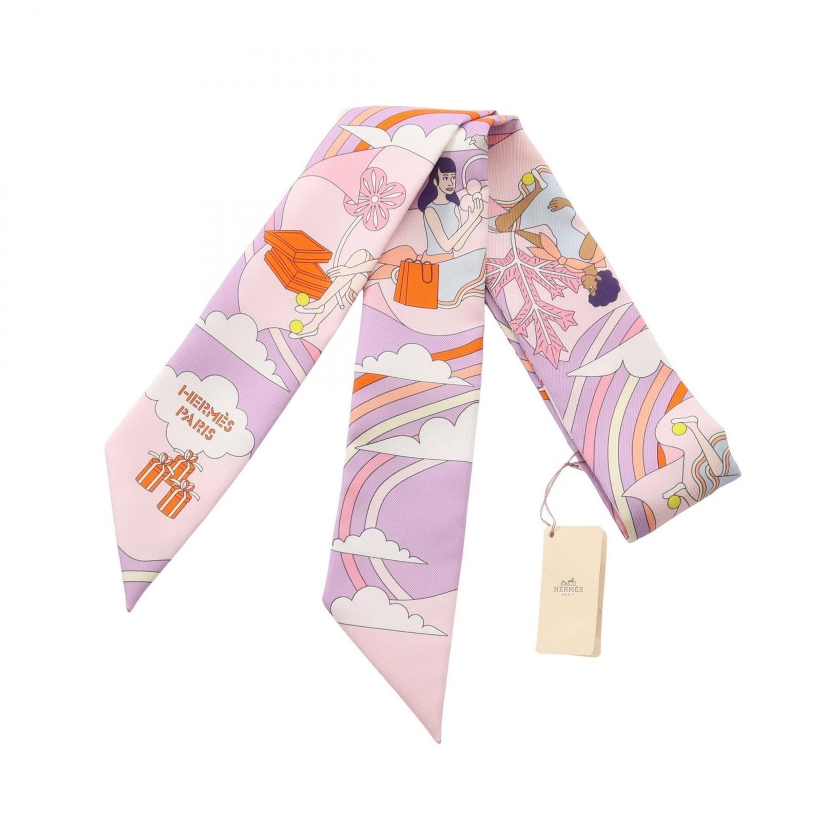 Hermes Silk Scarf: Hermes Silk Scarf The Hermes Silk Scarf boasts a vibrant multi-color design, featuring pink and purple hues. Made from high-quality silk, its compact size measures 86cm x 5cm, making it a stylish acce