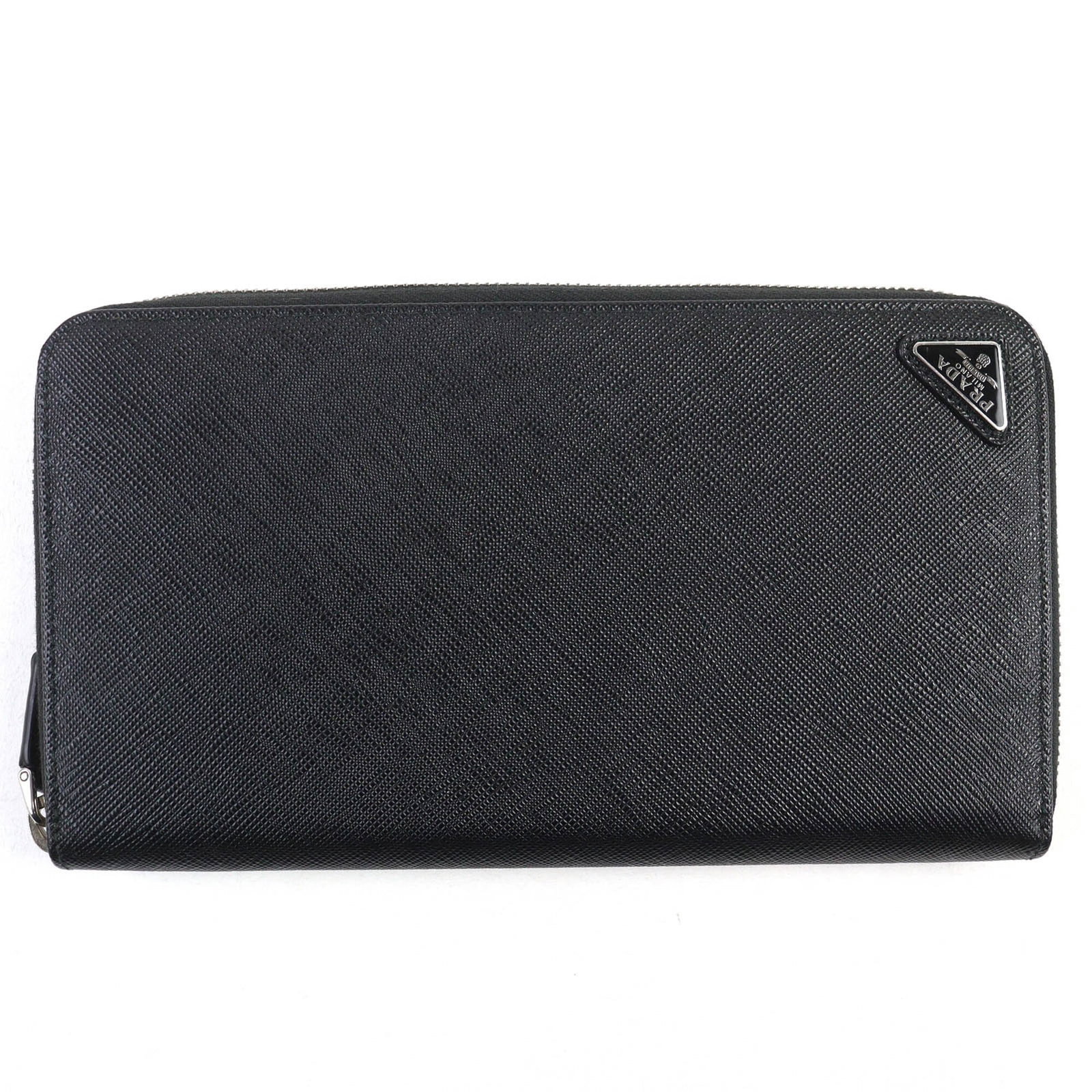 Prada Long Wallet (Bi-Fold) Leather: Prada Long Wallet (Bi-Fold) Leather Saffiano leather construction provides durability and sophistication to this black bi-fold wallet from Prada, measuring 12cm x 22cm. The zipper closure offers secur