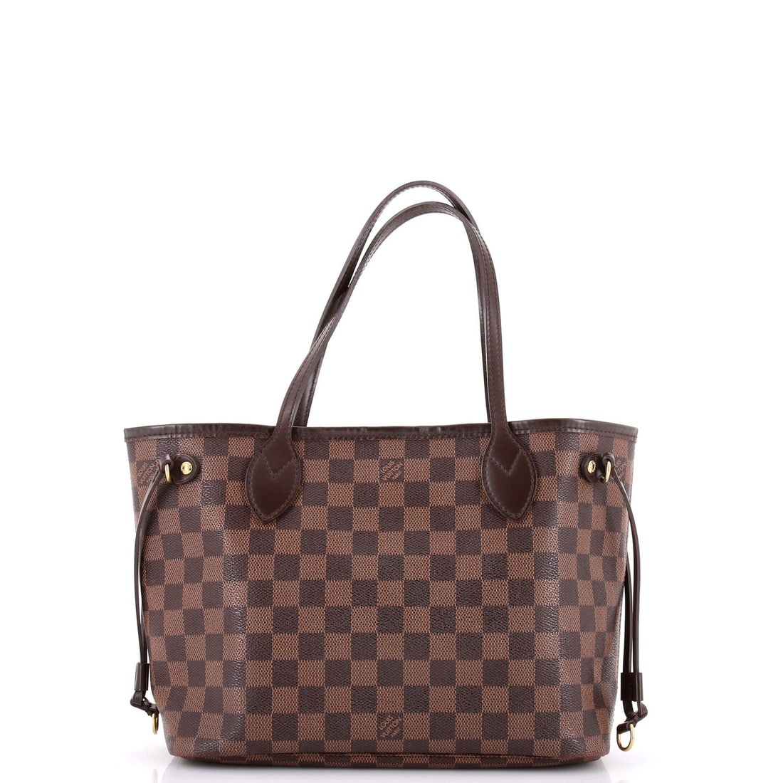 Louis Vuitton PM Damier Tote Neverfull: Louis Vuitton PM Damier Tote Neverfull Brown canvas coated Louis Vuitton PM Damier Tote Neverfull with heavy edge wear, corner wear, scuffs, and discoloration. Measuring 9" high, 11" wide, and 5"