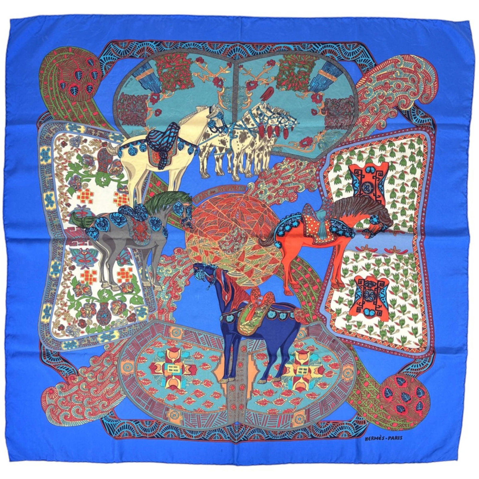 Hermes Silk Scarf: Hermes Silk Scarf Blue and multi-color silk scarf from the renowned French fashion house Hermes, measuring 87cm x 89cm. This luxurious silk scarf boasts a vibrant color palette that adds a pop of pers