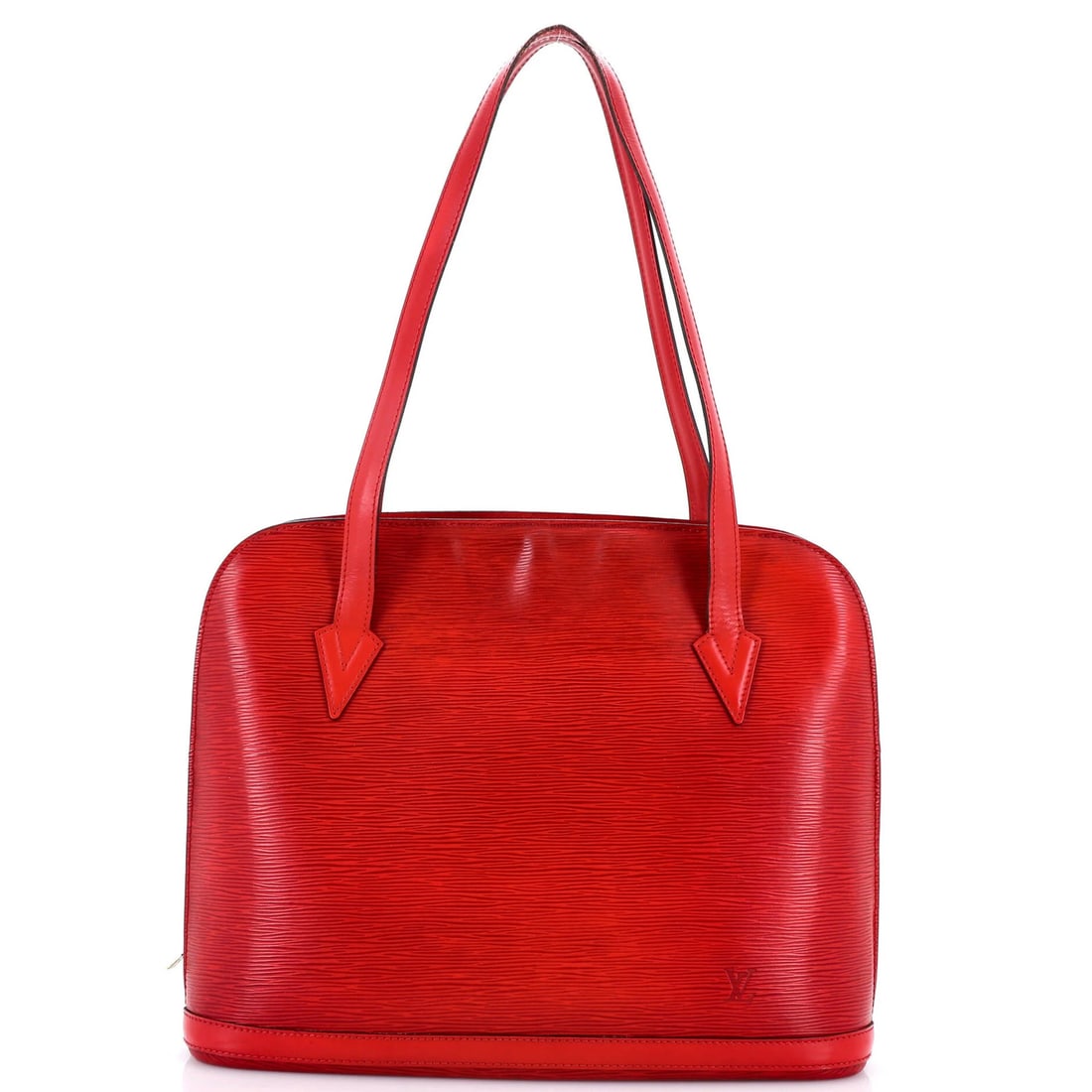 Louis Vuitton Lussac Handbag Epi Leather: Louis Vuitton Lussac Handbag Epi Leather The Louis Vuitton Lussac Handbag Epi Leather features a striking red exterior with aged gold hardware, showcasing the iconic brand's signature style.