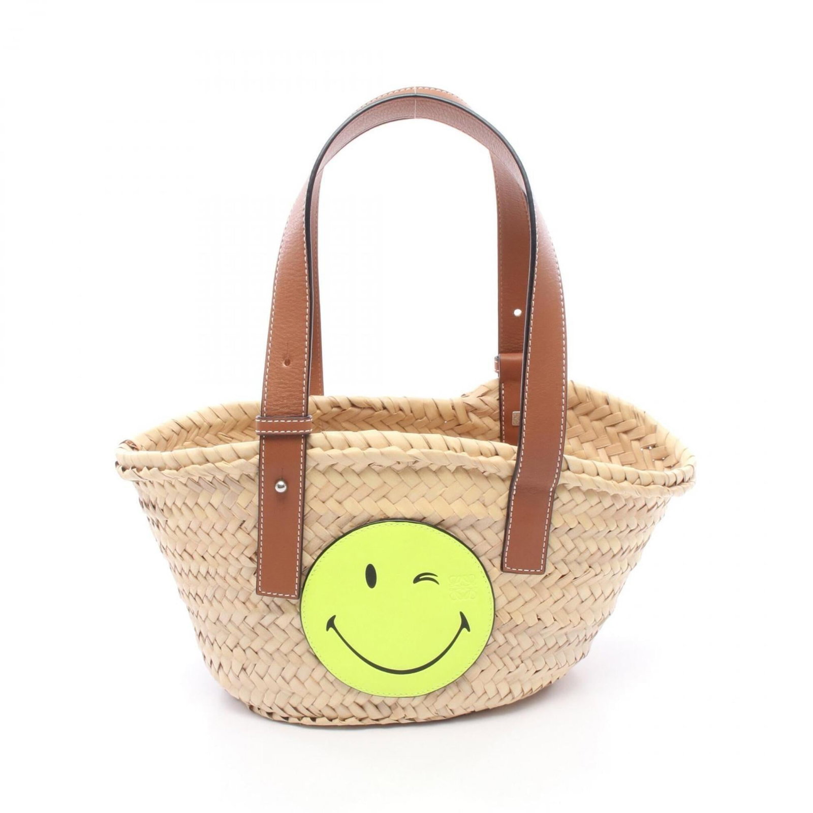 Handbag Leather Raffia Basket Loewe: Handbag Leather Raffia Basket Loewe Basket bag with leather and raffia details, featuring a beige, brown, and yellow color palette. The Loewe brand's signature style is evident in the design, which