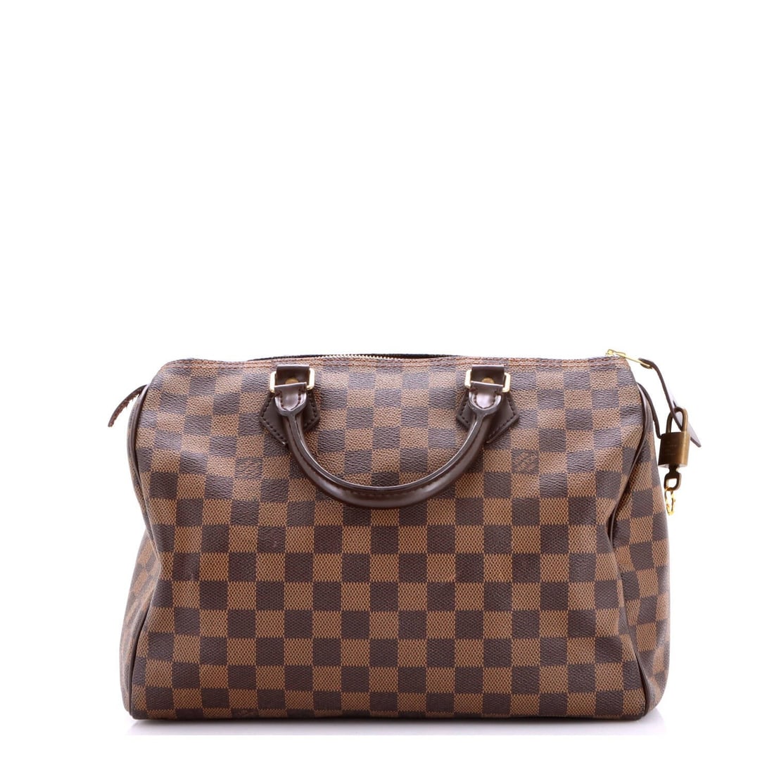Vuitton Speedy Louis Handbag Damier: Vuitton Speedy Louis Handbag Damier The iconic Louis Vuitton Speedy Louis Handbag Damier boasts a timeless design with heavy edge wear, adding to its unique character. Measuring 30 inches in size,