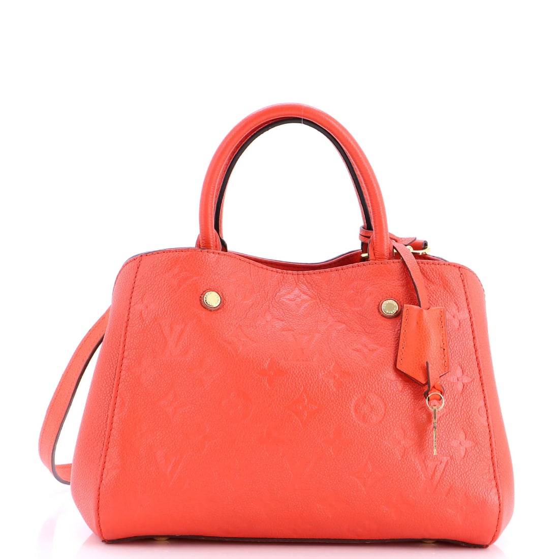 Montaigne Empreinte Leather Louis Vuitton BB Handbag: Montaigne Empreinte Leather Louis Vuitton BB Handbag Red Montaigne Empreinte Leather Louis Vuitton BB Handbag with gold hardware and interior, featuring touch-up on base corners and scuffs. The exteri