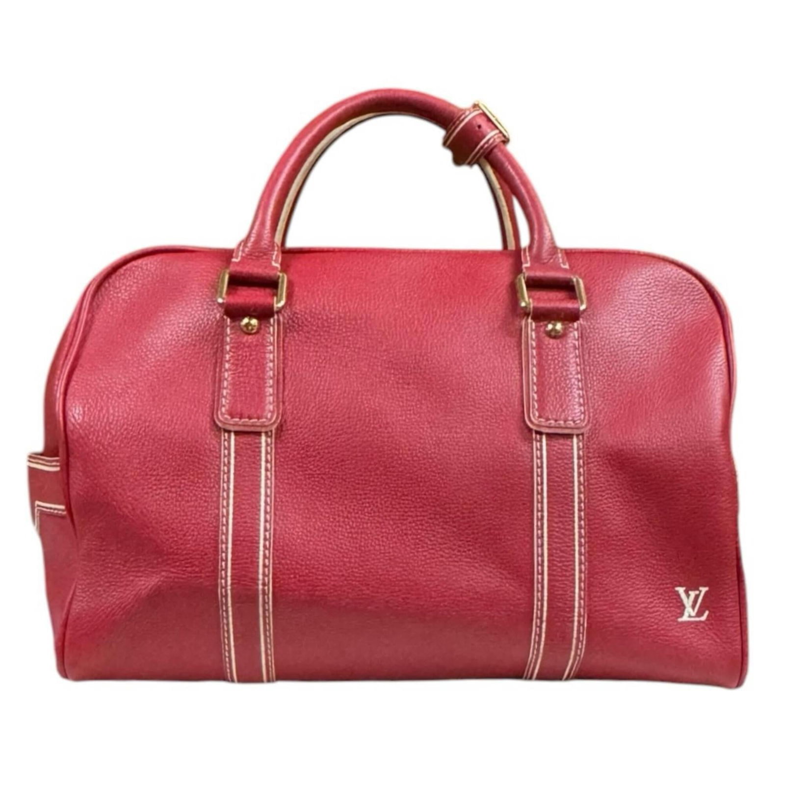Louis Vuitton Boston Leather Bag: Louis Vuitton Boston Leather Bag The Louis Vuitton Boston Leather Bag boasts a striking red color and open outer pocket, making it a stylish accessory for both men and women. Measuring 28cm x 42cm x 2