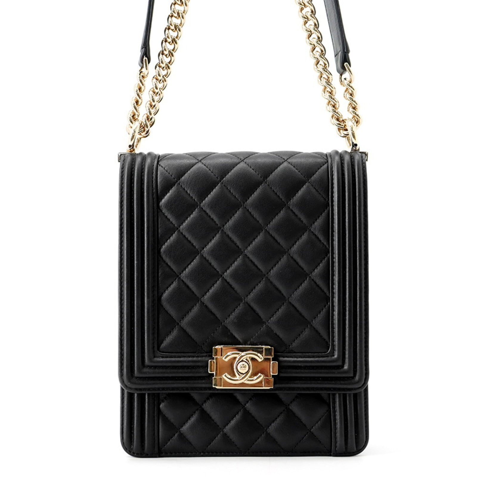 Chanel Handbag Shoulder Bag Leather: Chanel Handbag Shoulder Bag Leather Black lambskin leather Chanel Boy bag features gold hardware and adjustable strap length. Made from high-quality leather, this shoulder bag measures 20cm x 16cm x 5