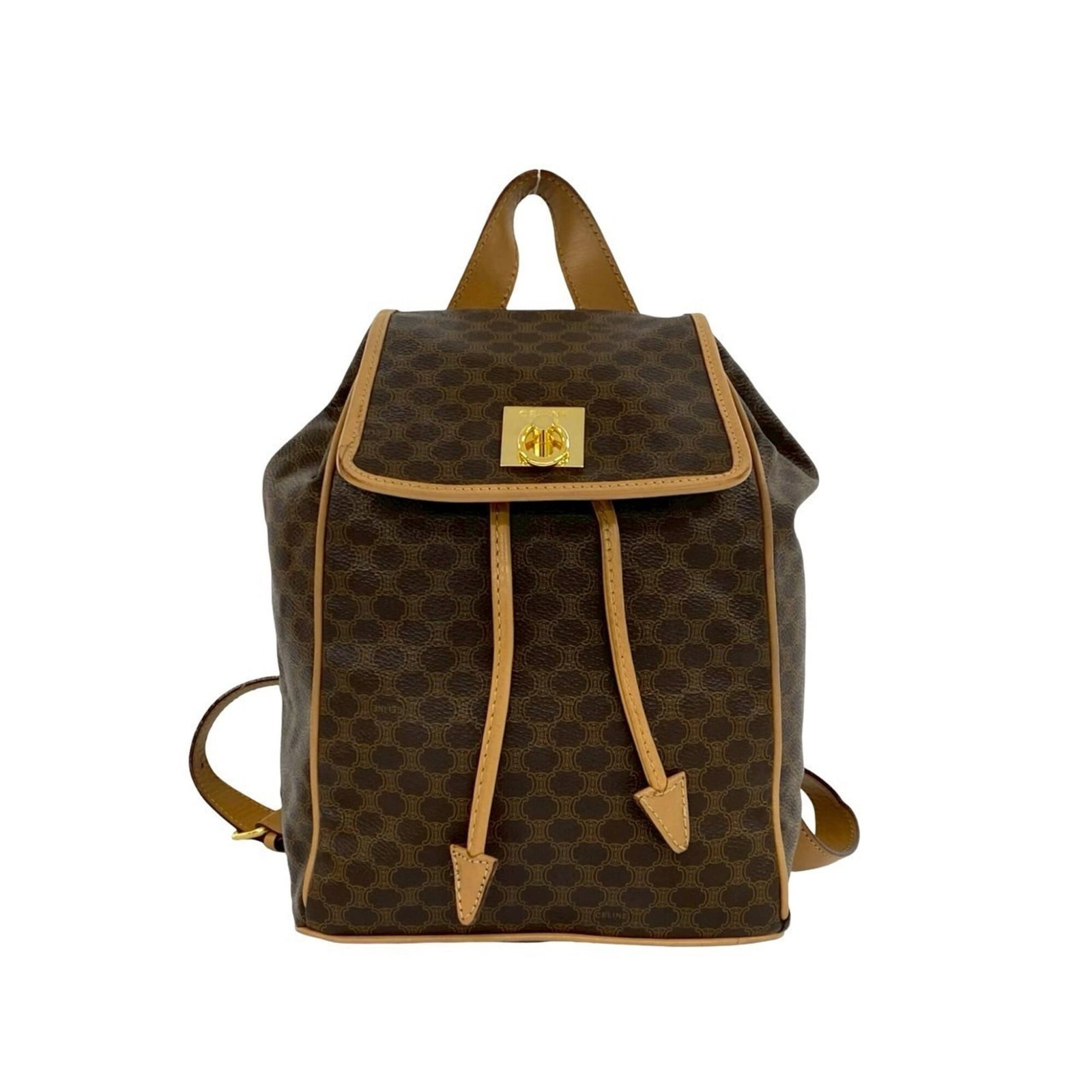 PVC Leather Backpack Celine: PVC Leather Backpack Celine Brown PVC Leather Backpack with Celine Brand Details. This women's backpack features a unique combination of leather and PVC materials, presented in a classic brown color.