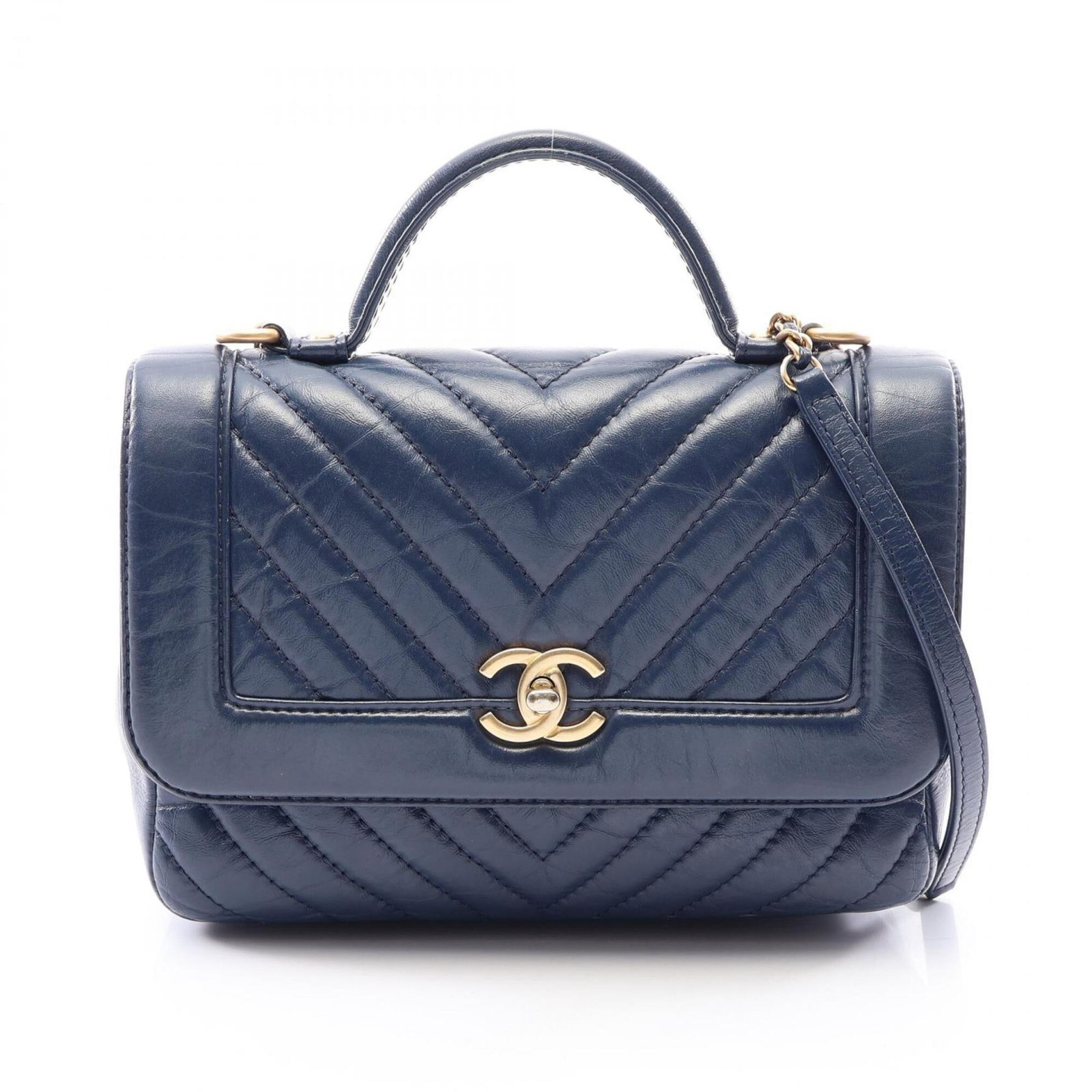 Chanel Handbag Shoulder Bag Leather: Chanel Handbag Shoulder Bag Leather Navy leather shoulder bag from Chanel, featuring gold hardware and classic design. This 16cm x 23cm x 7cm bag is a stylish accessory for everyday use. Made from