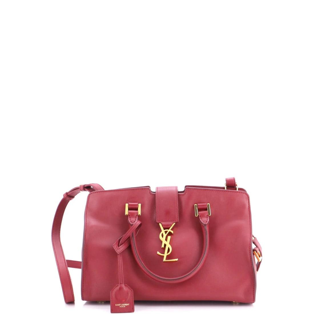 Saint Laurent Cabas Leather Baby: Saint Laurent Cabas Leather Baby The Saint Laurent Cabas Leather Baby in burgundy is a stylish and versatile satchel, featuring a classic monogram pattern on its exterior. This great condition bag boa