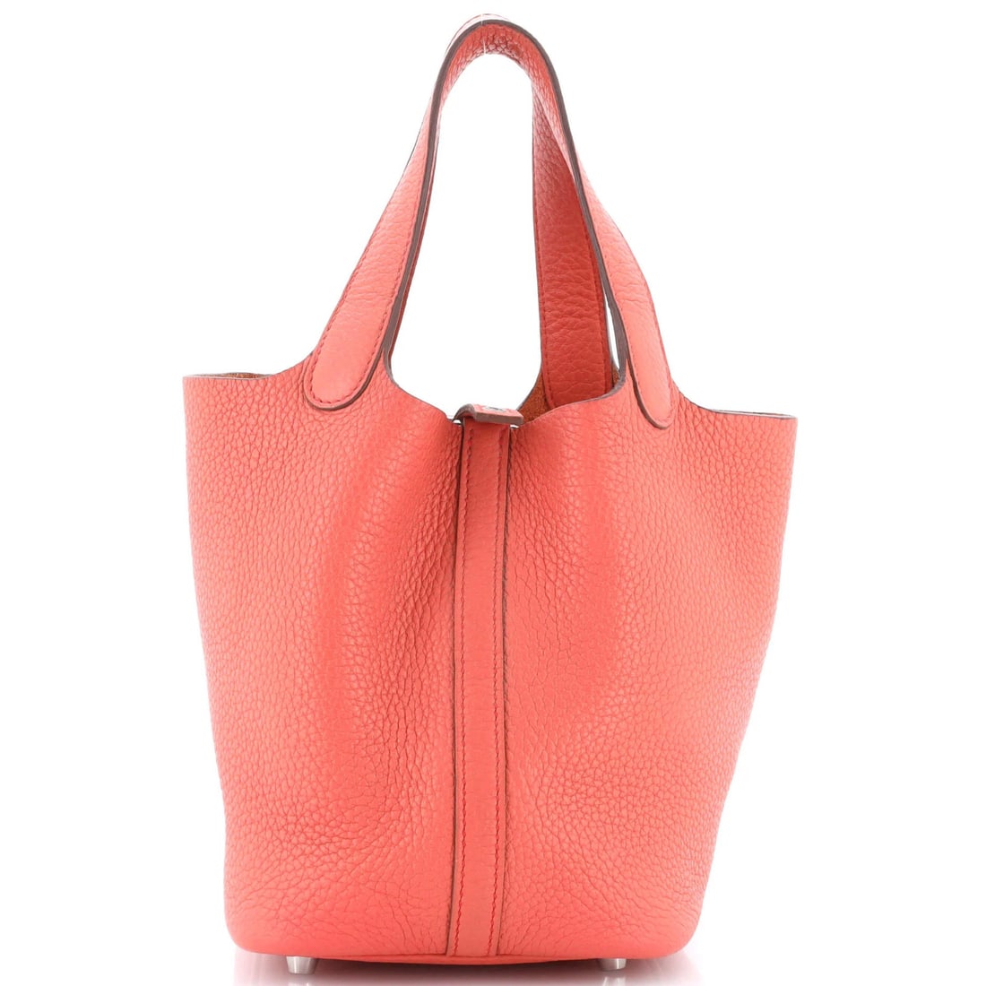 Picotin Bag Clemence PM by Hermes: Picotin Bag Clemence PM by Hermes The Picotin Bag Clemence PM by Hermes boasts a striking pink exterior, crafted from high-quality leather. With its classic tote design and Palladium hardware, this st