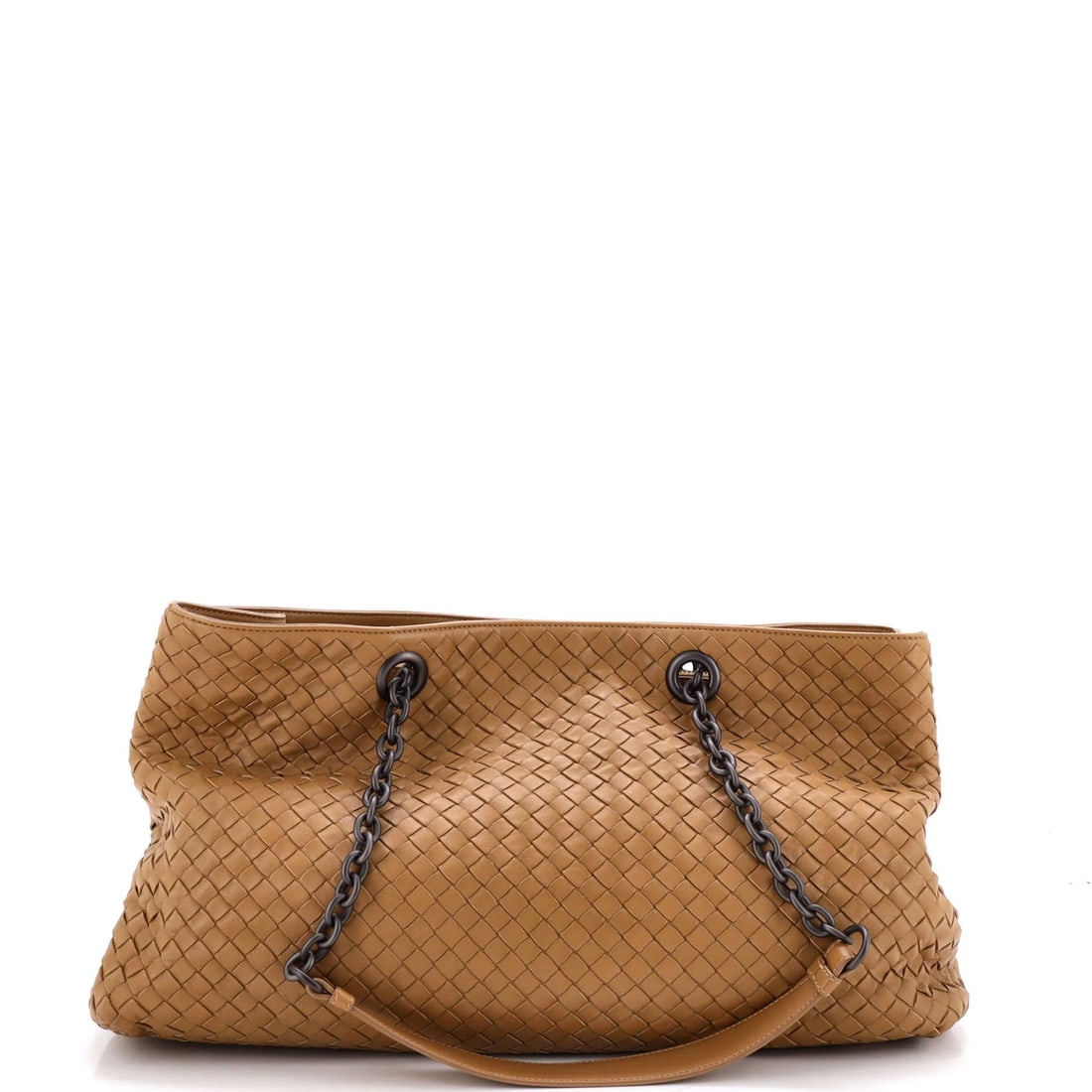 Double Chain Tote Intrecciato Large Nappa Bottega: Double Chain Tote Intrecciato Large Nappa Bottega Double Chain Tote Intrecciato Large Nappa Bottega in neutral exterior color, featuring iconic interlocking chain design and suede interior. The large 