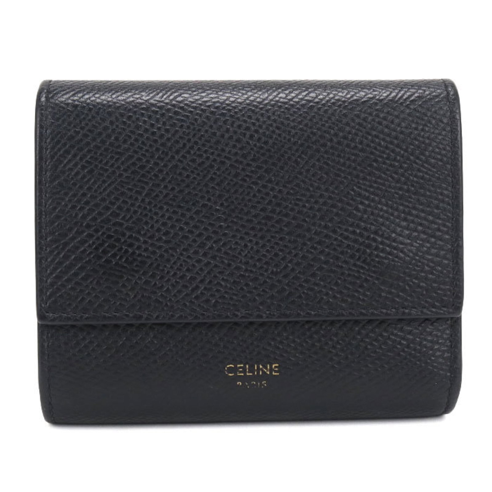 Celine Wallet (Tri-Fold) Leather: Celine Wallet (Tri-Fold) Leather Calfskin leather construction provides a durable and long-lasting finish for the tri-fold wallet. The sleek black design features a classic tri-fold layout, making it