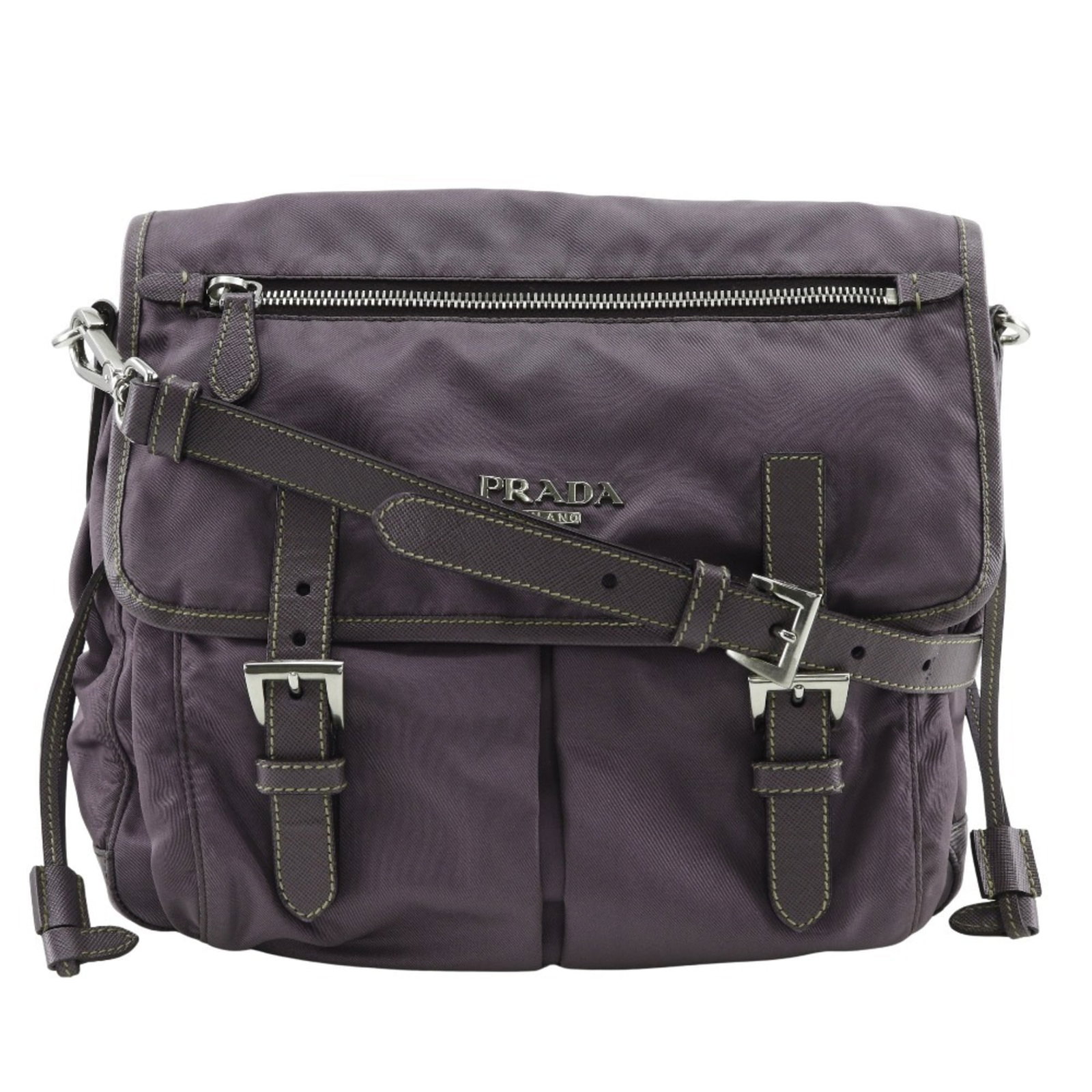 Shoulder Bag Nylon Leather by Prada: Shoulder Bag Nylon Leather by Prada Prada's Shoulder Bag in rich purple features a unique blend of nylon and leather, creating a stylish and durable design. Measuring 26cm x 26cm x 11cm, this