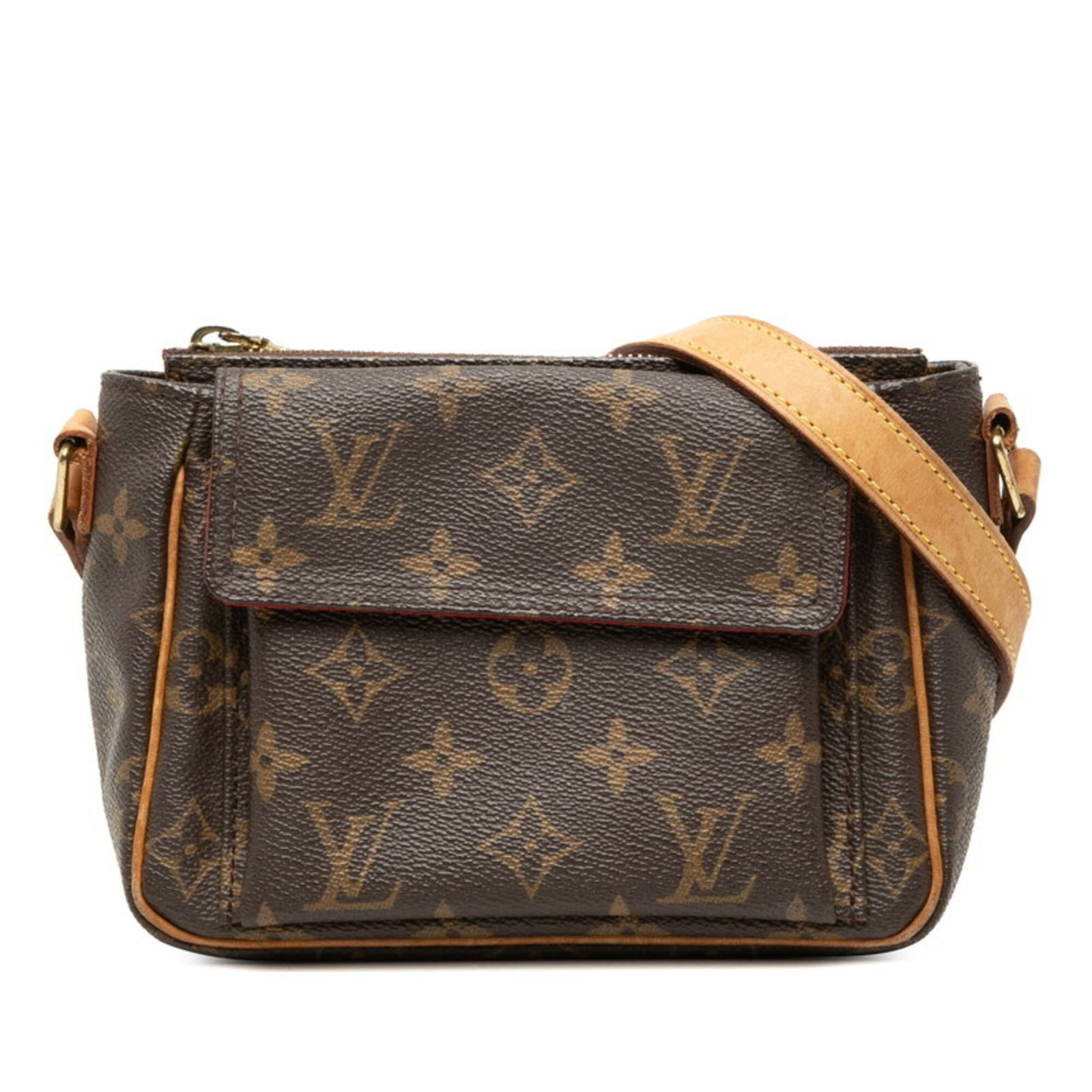 Louis Vuitton PVC Leather Bag Shoulder: Louis Vuitton PVC Leather Bag Shoulder PVC and leather combine in this Louis Vuitton shoulder bag, with its signature monogram pattern. Measuring 13cm x 18cm x 8.5cm, it features a distinctive brown
