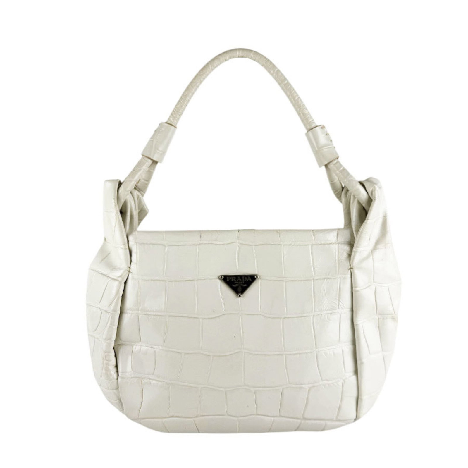 Handbag leather by Prada: Handbag leather by Prada Off-white embossed leather handbag from Prada, measuring 16cm x 25cm x 2cm. A stylish and compact accessory for everyday use, made with high-quality materials. This Italian-ma