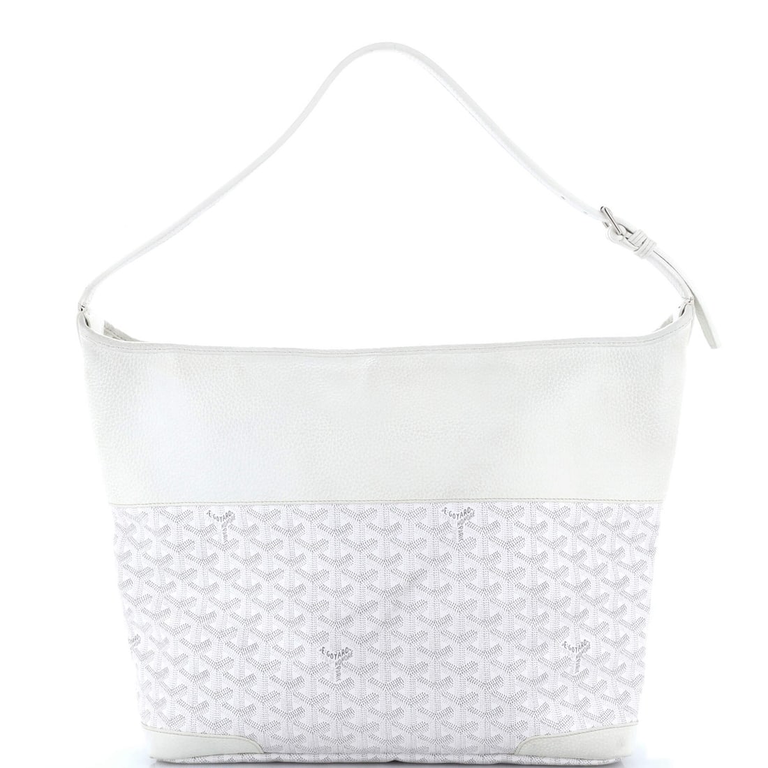 Canvas Hobo Leather Coated Goyard: Canvas Hobo Leather Coated Goyard Canvas Hobo Leather Coated Goyard features a white leather exterior with canvas coating, measuring 12" tall and 13.5" wide, with an 8-11" handle drop. The interior is