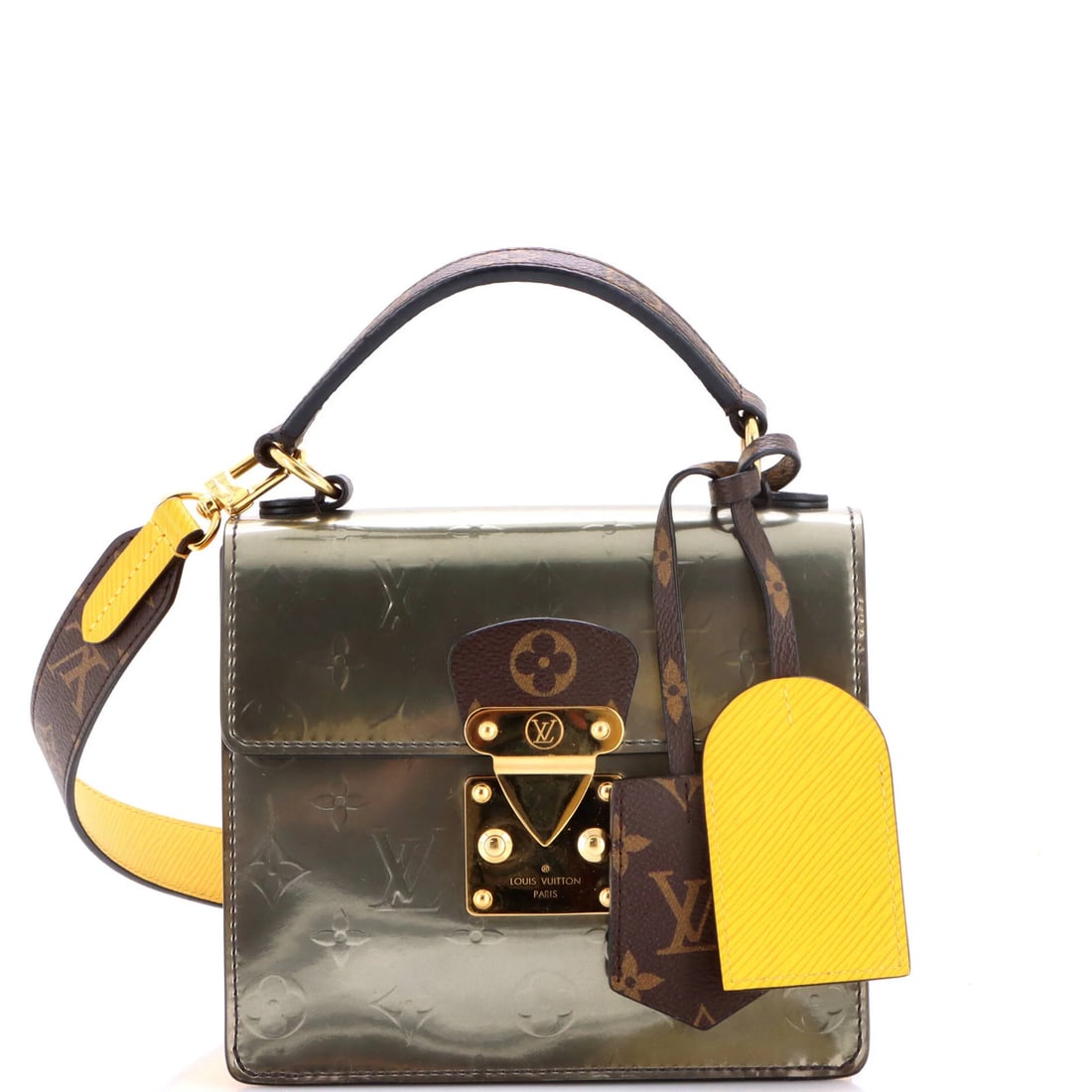 Louis Vuitton Spring Street NM Handbag Monogram Vernis with Monogram Canvas: Louis Vuitton Spring Street NM Handbag Monogram Vernis with Monogram Canvas Canvas Coated Leather and Patent Leather Monogram Vernis exterior, featuring the iconic Louis Vuitton monogram pattern in me