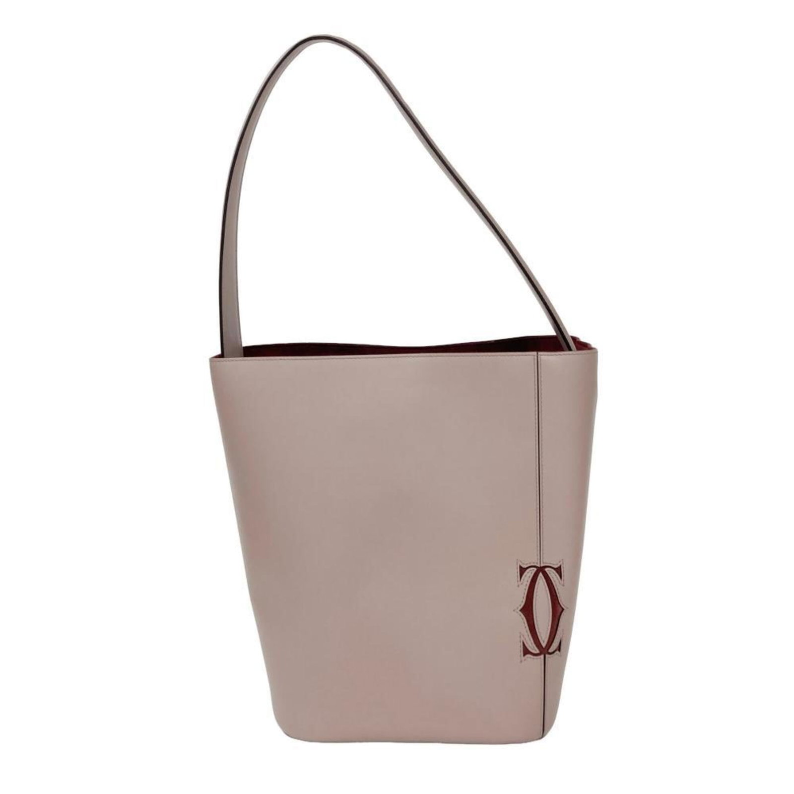 Shoulder Bag Leather by Cartier: Shoulder Bag Leather by Cartier The Cartier Shoulder Bag in Bordeaux and Grayish Leather offers a sophisticated and elegant design. Measuring 28cm x 20.5cm x 20.5cm, it features high-quality leather