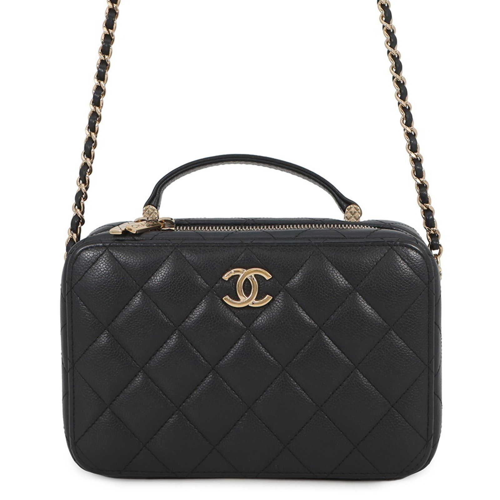 Calfskin handbag bag shoulder Chanel: Calfskin handbag bag shoulder Chanel Calfskin handbag with sleek black design and gold hardware, featuring a zipper closure. Made from high-quality grained calfskin, this shoulder bag measures 12cm x 