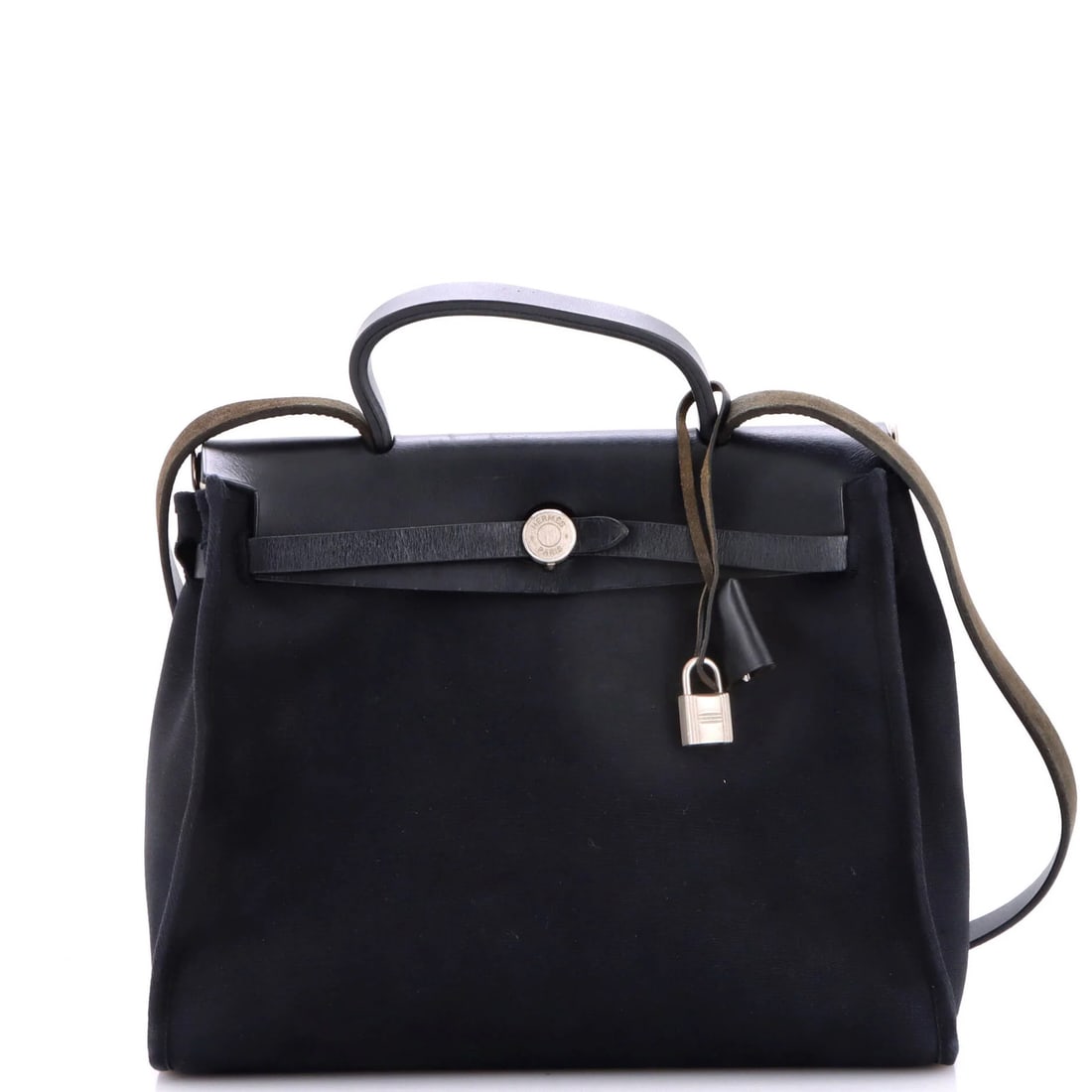 Toile Herbag Hermes Leather: Toile Herbag Hermes Leather Toile Herbag Hermes Leather. This black leather and canvas Herm?s bag features a classic top handle design, with heavy scuffs on the exterior adding a touch of wear and